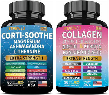 JTEVEweu Shining Serenity Set, Cortisol Support with Ashwagandha, L-Theanine, Magnesium, Lions Mane, GABA, Bacopa Monnieri, Collagen Biotin, Keratin, Hyaluronic Acid, Quercetin JTEVEweuAu supplements