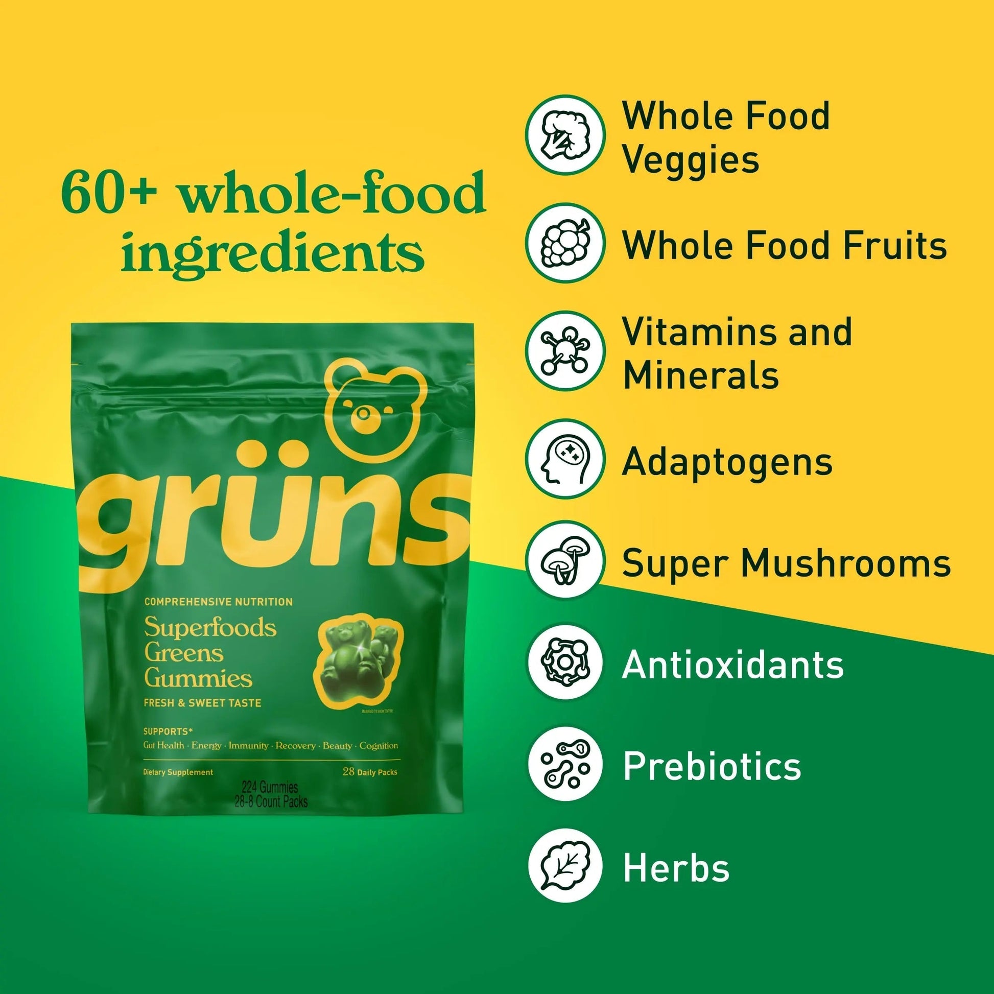 Gruns Adults Super Greens Multivitamin Gummies, Superfood Vitamin Gummy Bears with Spirulina, Chlorella, Prebiotic Fiber for Digestive Health GrünsAu supplements