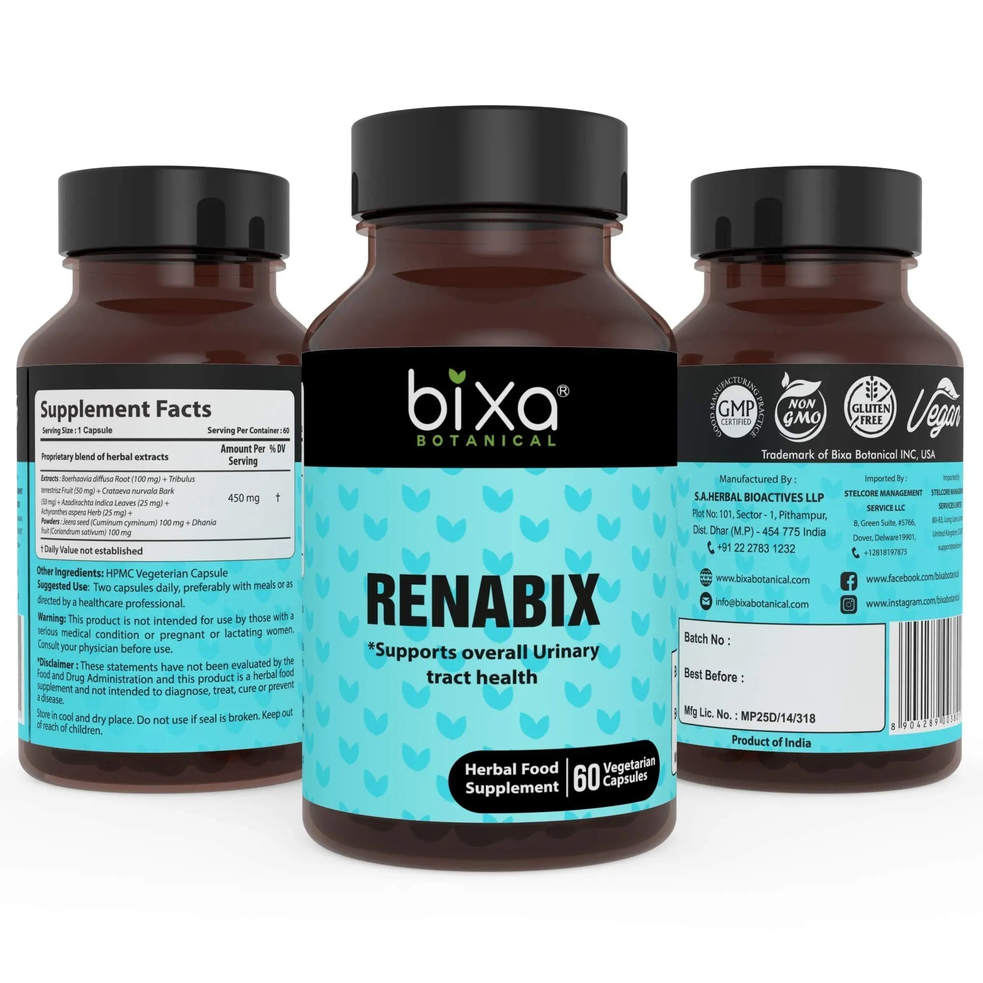 bixa BOTANICAL Ayurvedic Natural Herbal Supplement Renabix Capsules Pure (Punarnava Extract) | Supports Diuretic Response & Overall Urinary Tract Health | 60 Veg Capsules, 450mg, Pack of 1 bixa BOTANICALAu supplements