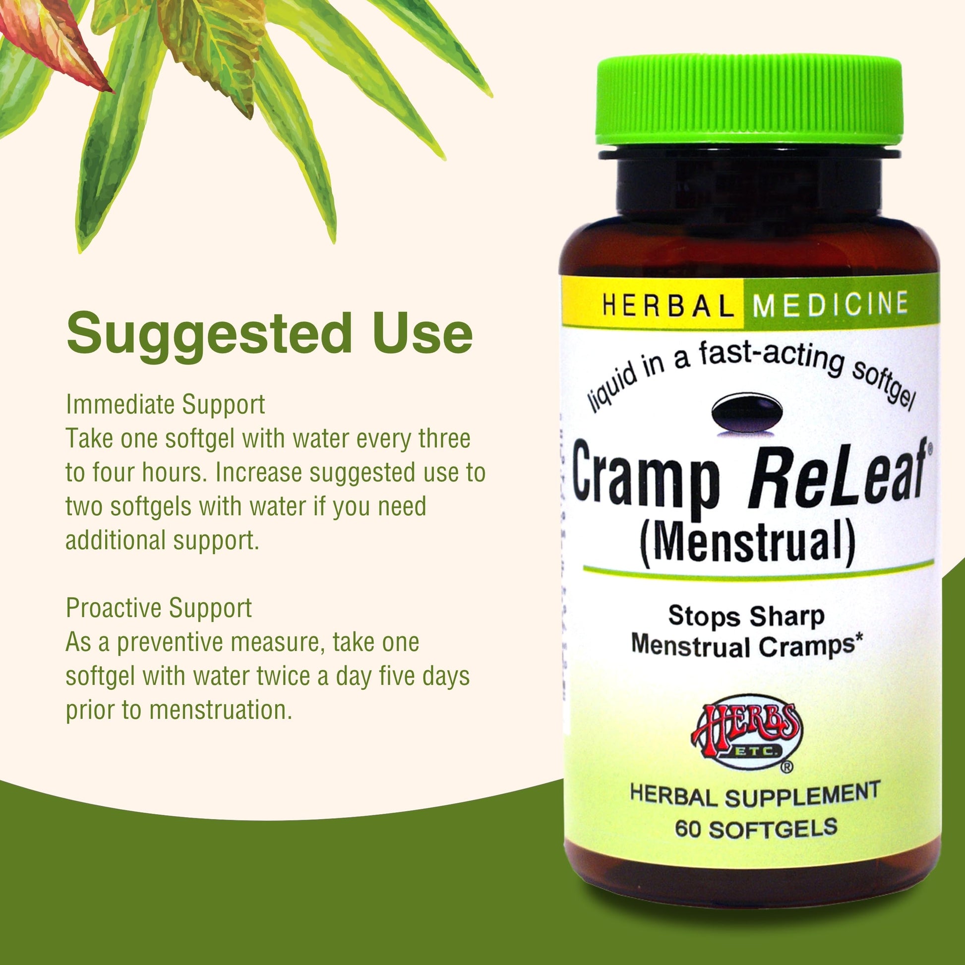 Herbs Etc. Cramp ReLeaf (Menstrual) - Abdominal Muscle Support - Herbal Supplement to Aid Menstrual Health - Period Cramp Support with Black Haw, Cramp Bark and Bethroot - 60 Softgels (60 Servings) Herbs Etc.Au supplements