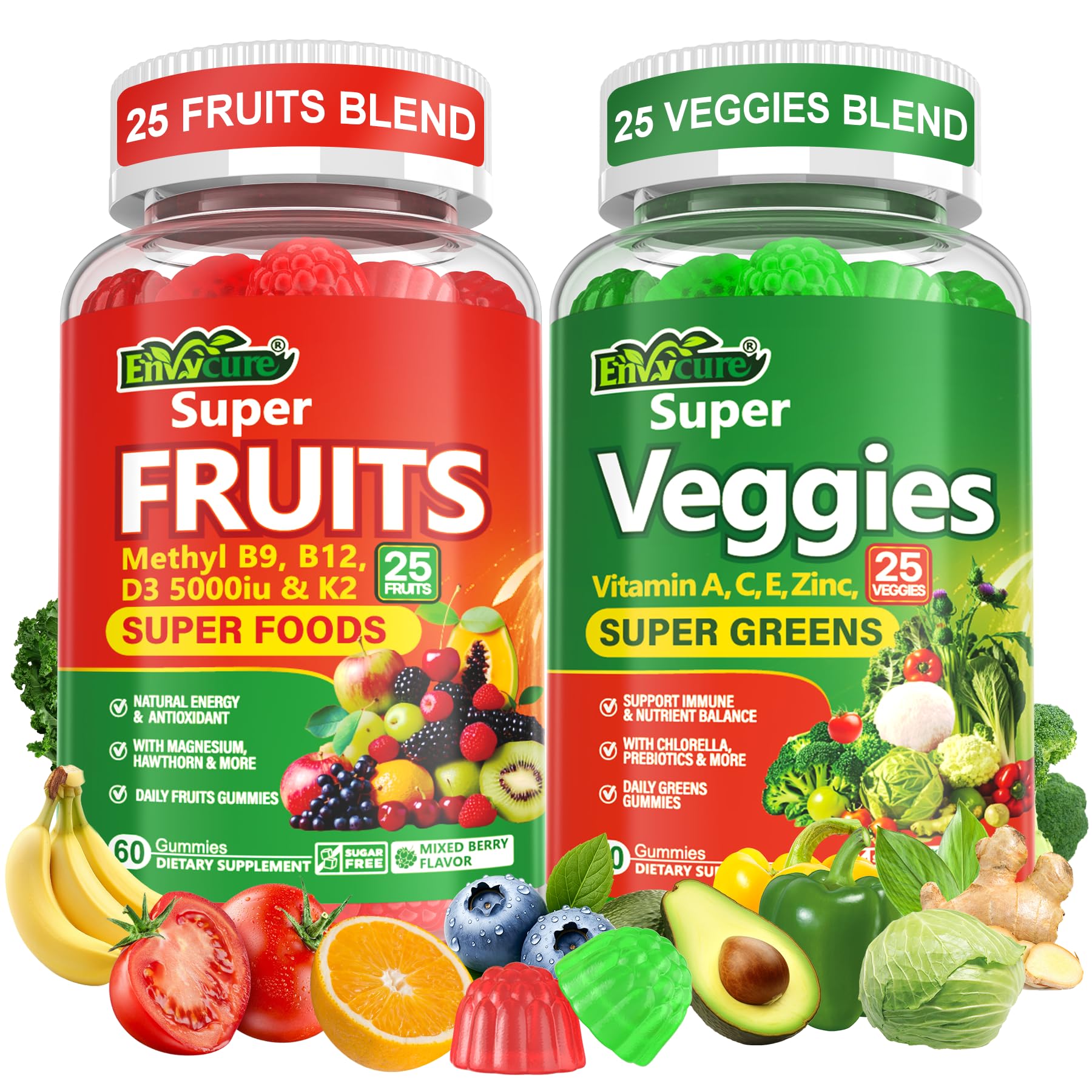 Super Greens Gummies, Daily Green Superfood Supplement w/Spirulina, Chlorella, Mushrooms, Probiotics, Multivitamins, 50+ Super Greens & Veggies Gummies to Boost Immunity, Energy & Gut Health, 120cts EnvyCureAu supplements