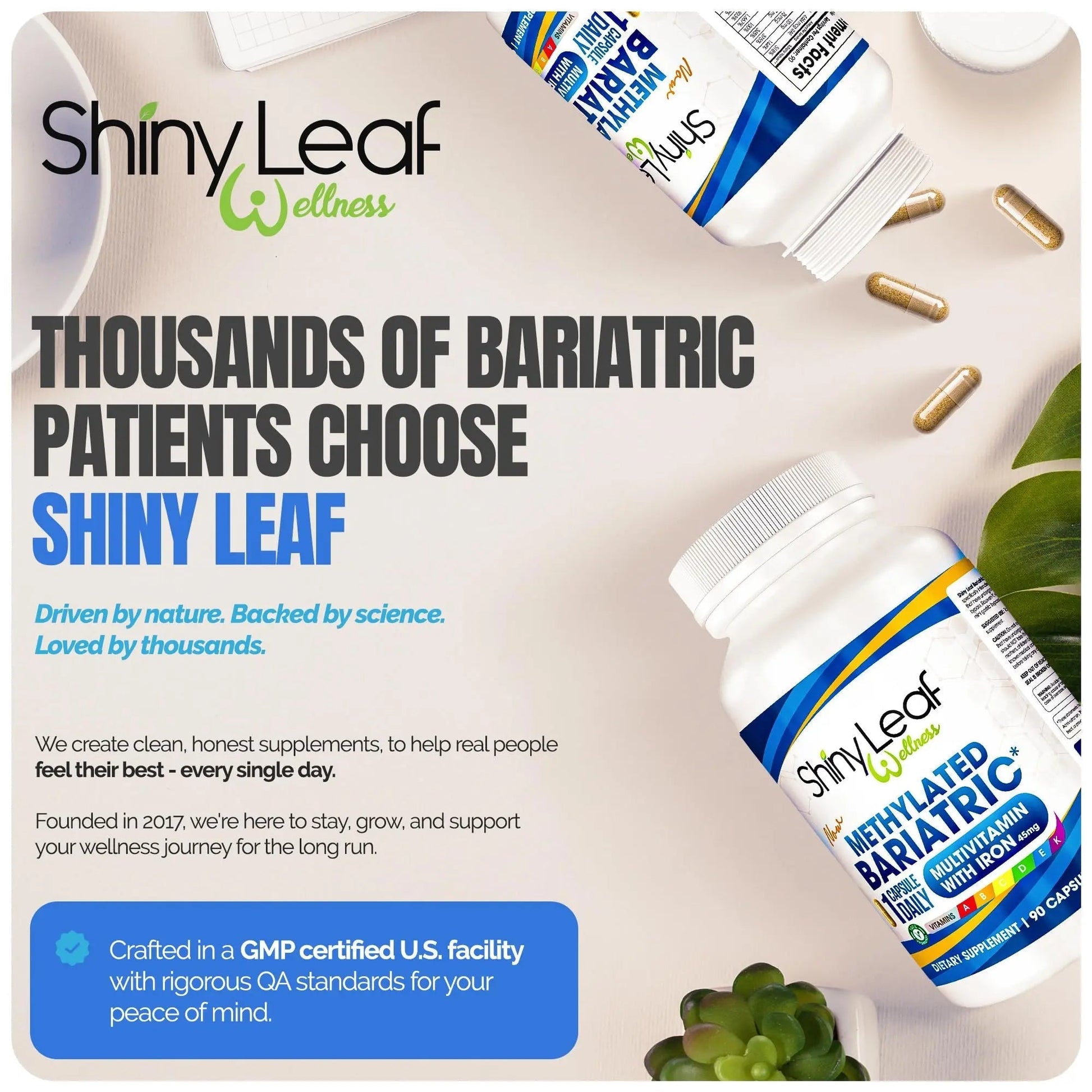 Shiny Leaf Methylated Bariatric Multivitamin with Iron 45mg – Once Daily Capsule, Made in USA, ASMBS Compliant Bariatric Vitamins Shiny LeafAu supplements