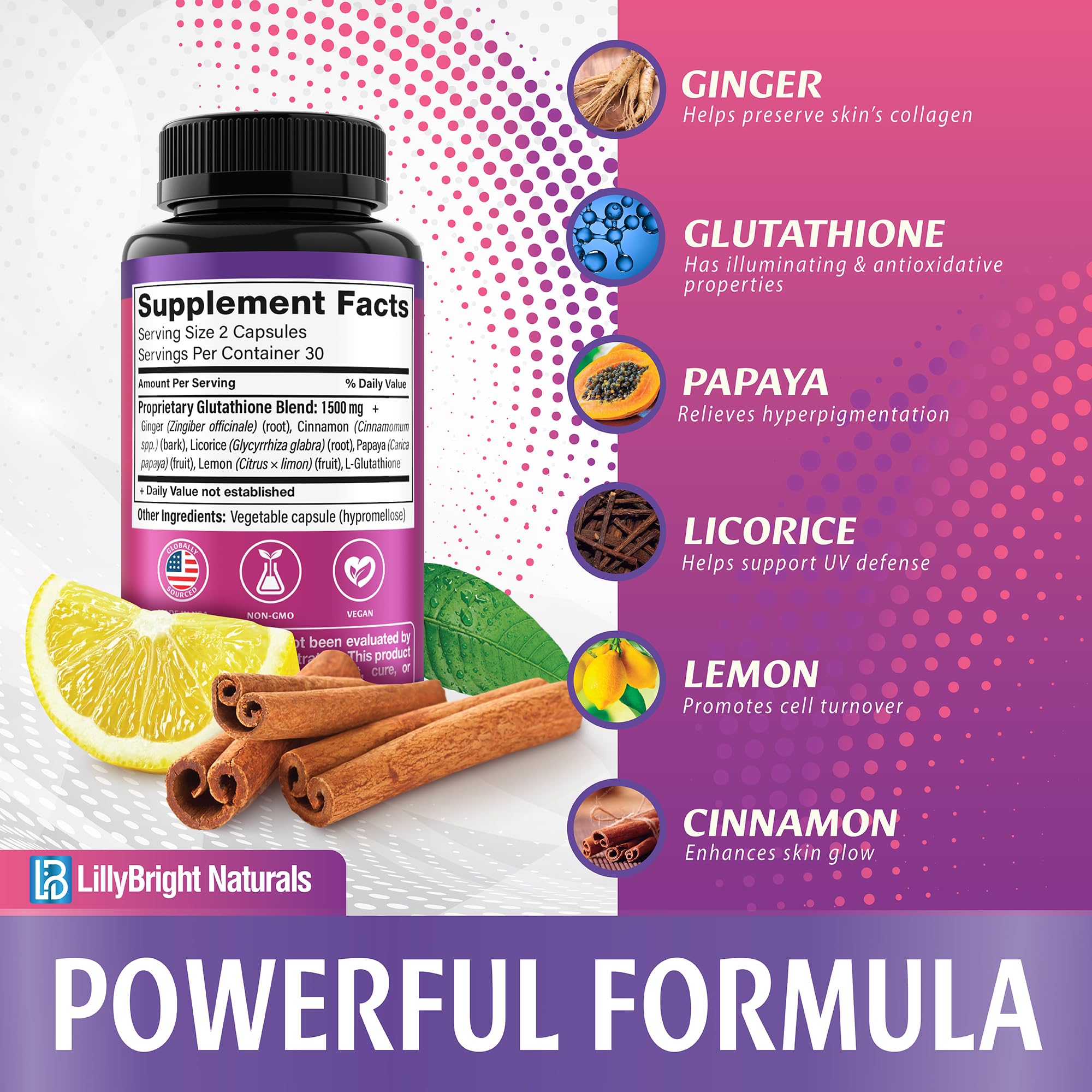 Glutathione Capsules - 1,500mcg L-Glutathione Supplement with Vitamin C - Skin Tone Enhancer - Targets Dark Spots & Acne Marks - Antioxidant Supplement for Beauty & Health Support - 60 Skin Pills LB LILLYBRIGHT NATURALSAu supplements