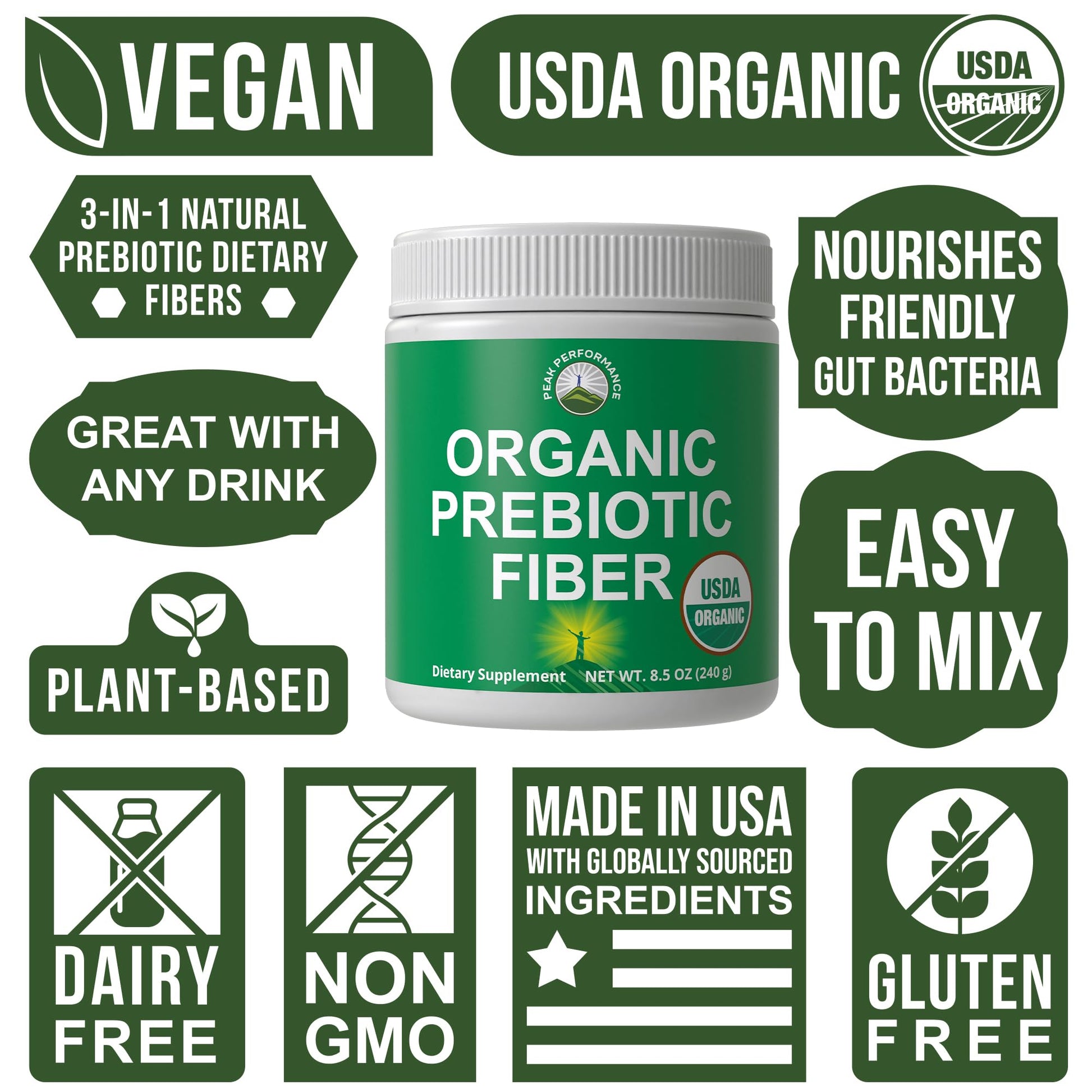 USDA Organic Prebiotic Fiber 3-in-1 Vegan Powder for Gut Health. Raw Whole Food Plant Based Prebiotics Digestive Supplement with Organic Inulin (Jerusalem Artichoke), Acacia Fibers, SunFiber Peak PerformanceAu supplements