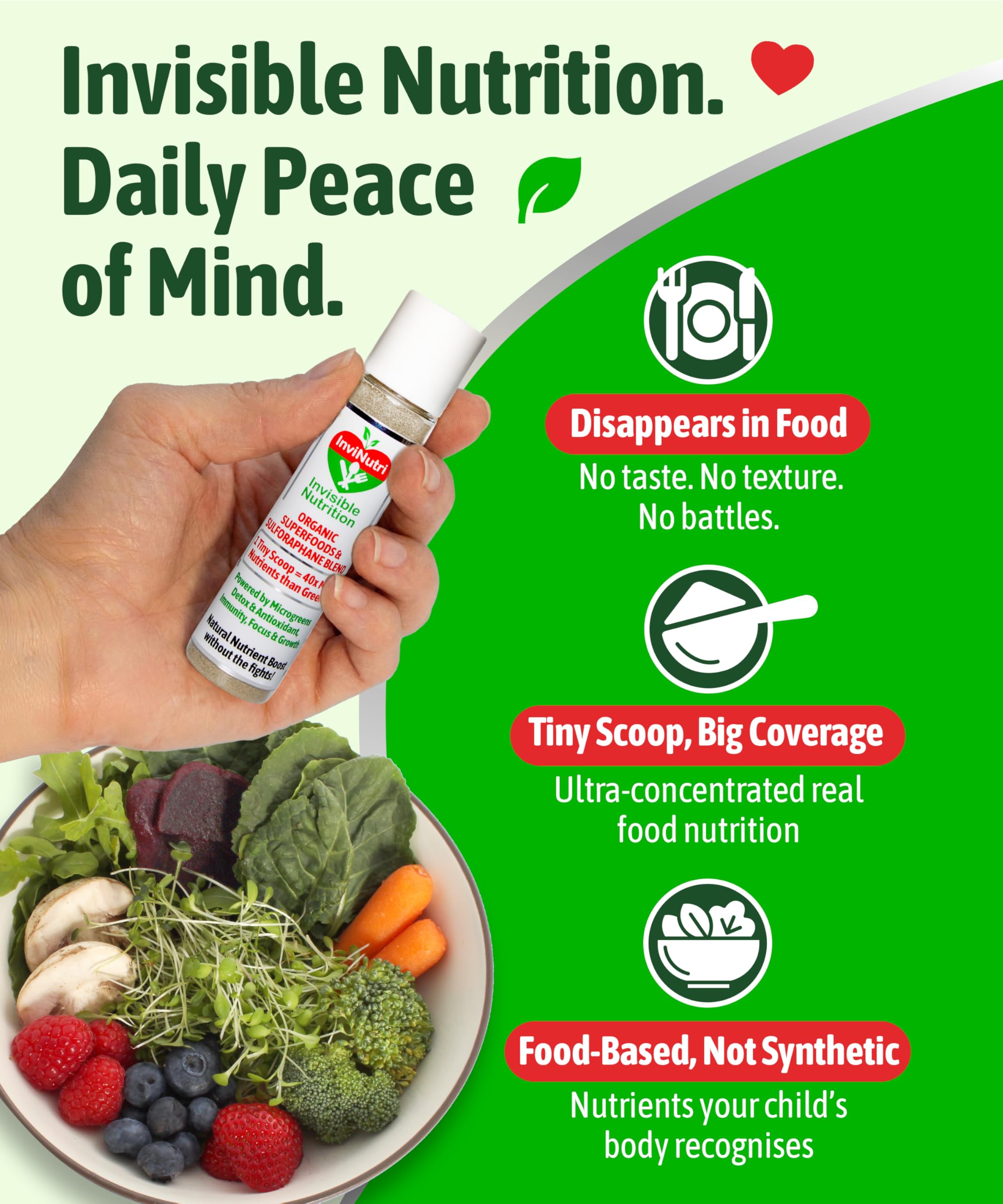 InviNutri Superfood Powder for Sensory & Picky Eaters. A TINY scoop- 40x Nutrient-Rich, 30mg Sulforaphane for Detox. Organic Microgreens, Fruits & Veggies - Blends Invisibly into Most Meals - 24 serv. InviNutri Invisible NutritionAu supplements