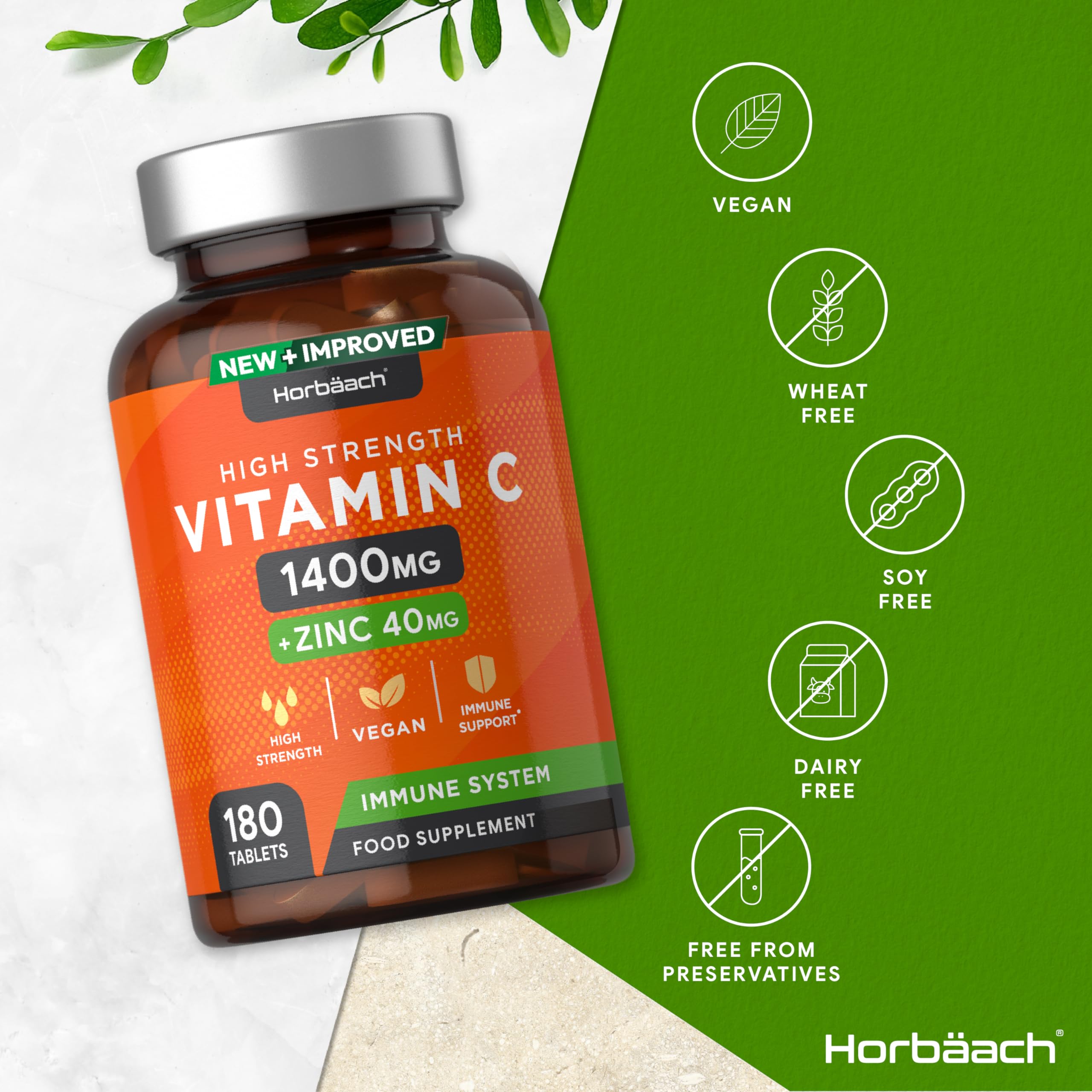 Vitamin C and Zinc | 180 Vegan Tablets | High Strength Vitamin C 1400mg and Zinc 40mg HorbäachUS supplements
