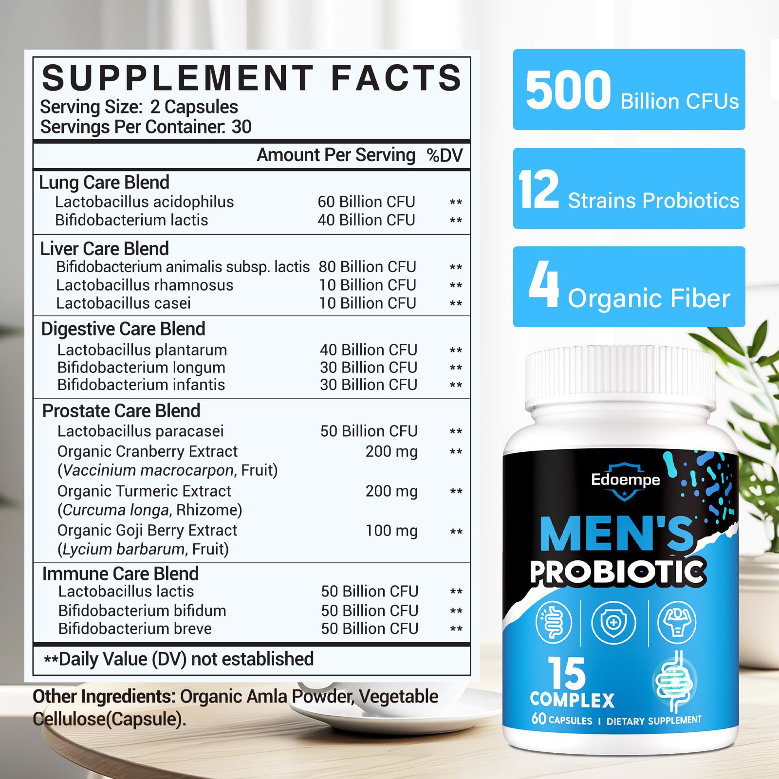 Probiotics for Men, 500 Billion CFUs 12 Strains, Mens Probiotics for Gut Health*, Digestive Health*, Energy, Prostate & Urinary Tract*, with Cranberry, Goji, Turmeric & Amla, Shelf Stable, 60 Caps EdoempeAu supplements