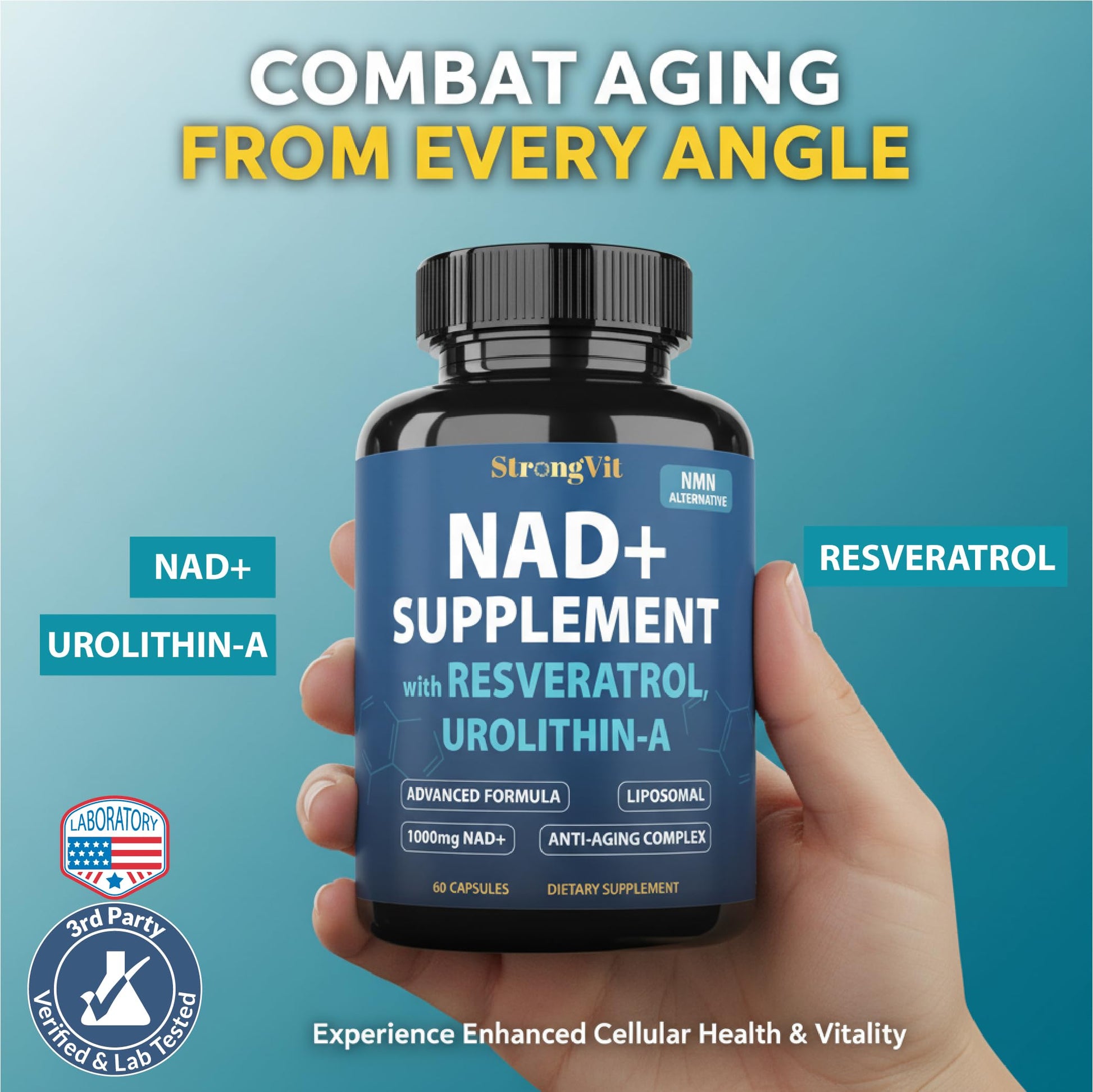 1000mg NAD Supplement with Resveratrol - Advanced Liposomal NAD+ Supplements for Men and Women - Anti-Aging Cell Regenerator - 60 NAD Plus Capsules for Energy & Cellular Health StrongVitAu supplements