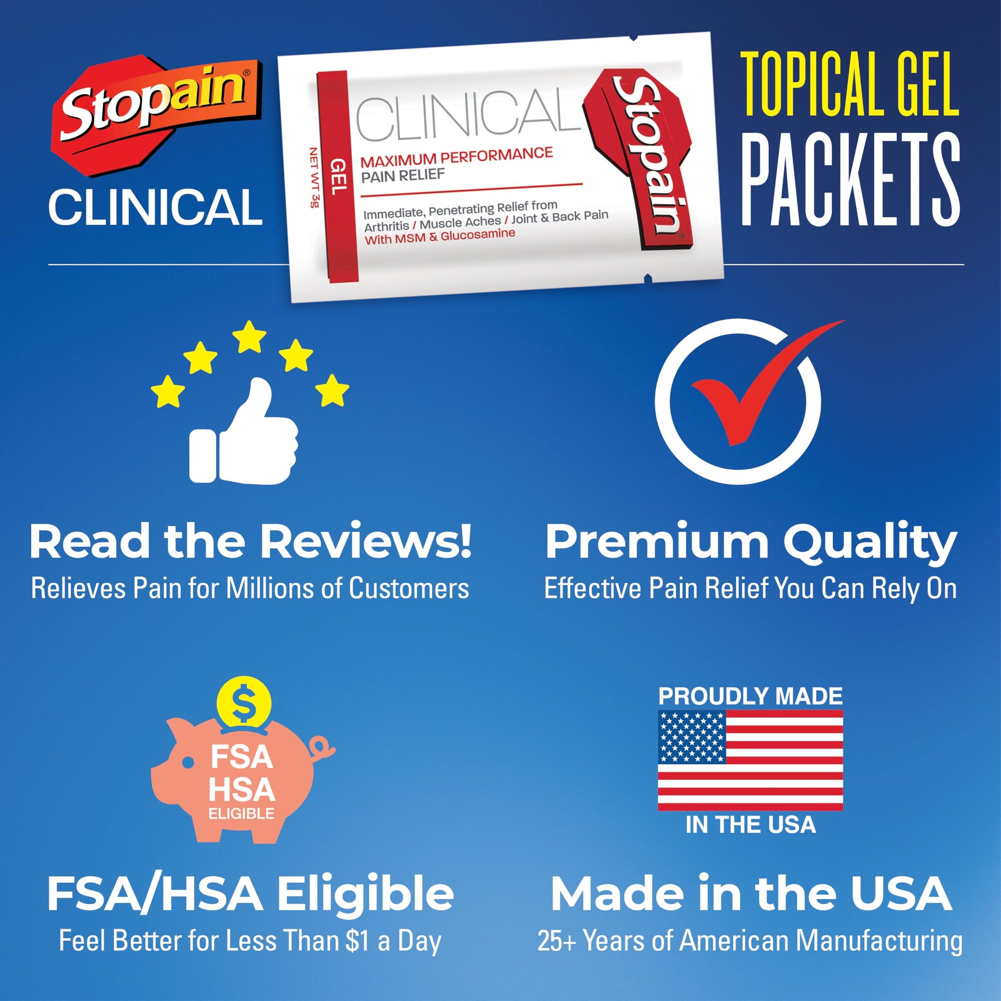 Stopain Pain Relief Clinical Gel Packets, Made in USA, Maximum Performance Pain Relief with 10% Menthol Plus Glucosamine for Muscle Aches, Joint Pain, and Arthritis (100 Pack) StopainAu supplements