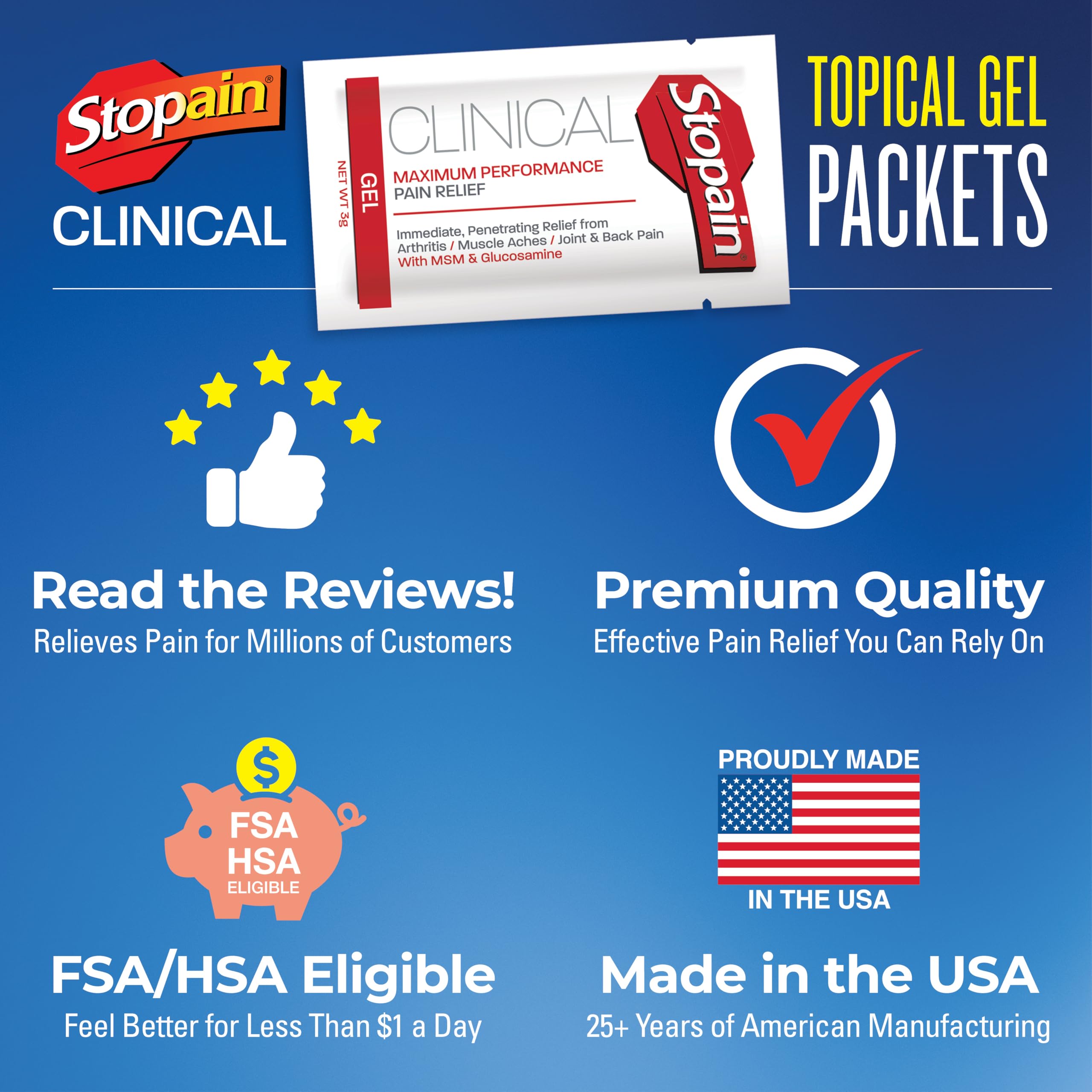 Stopain Pain Relief Clinical Gel Packets, Made in USA, Maximum Performance Pain Relief with 10% Menthol Plus Glucosamine for Muscle Aches, Joint Pain, and Arthritis (100 Pack) StopainAu supplements