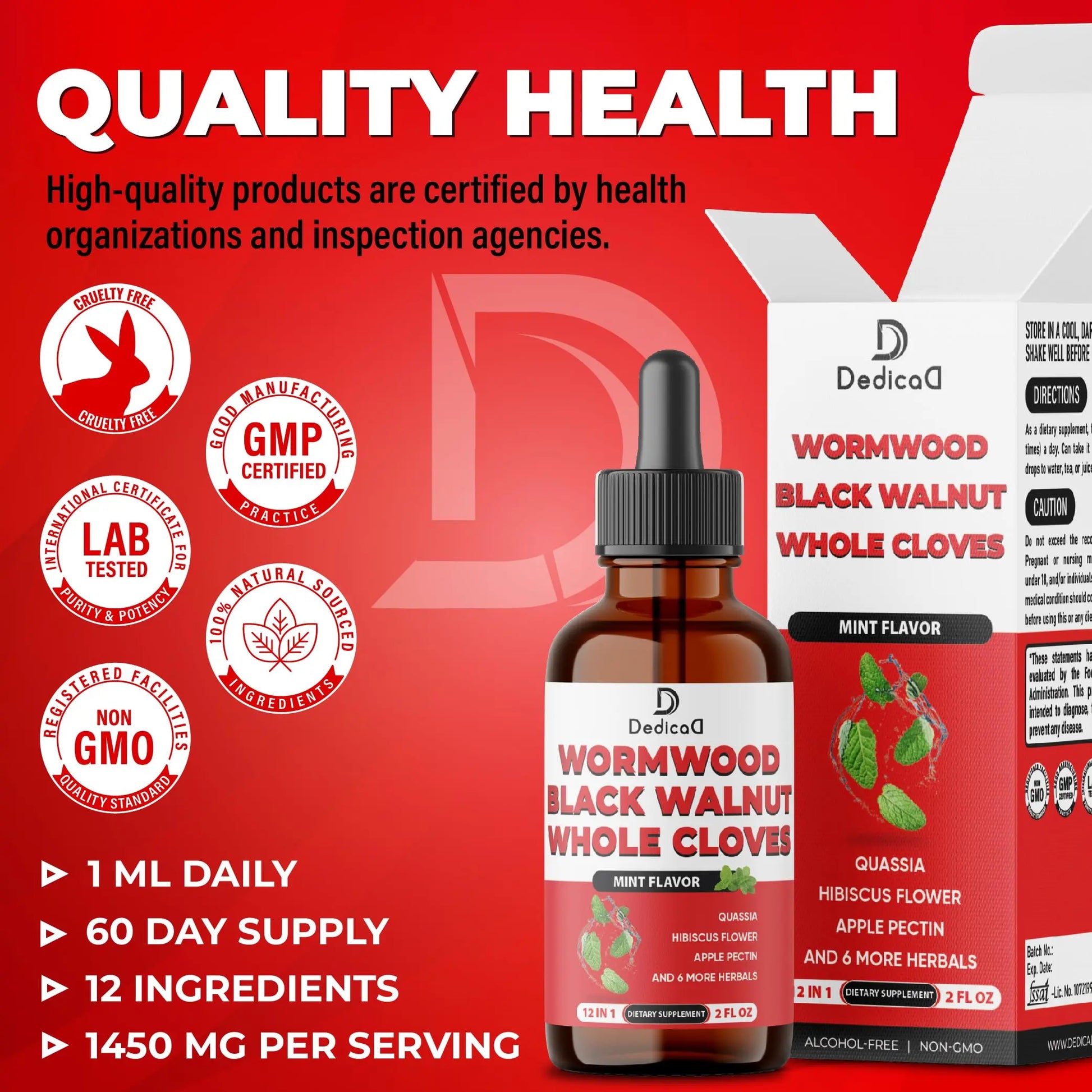 DEDICAD 12in1 Wormwood Liquid Drops Added Black Walnut, Whole Cloves and 9 More Herbs - 2 Fl Oz - 60 Days Supply - Mint Flavor DEDICADnz supplements