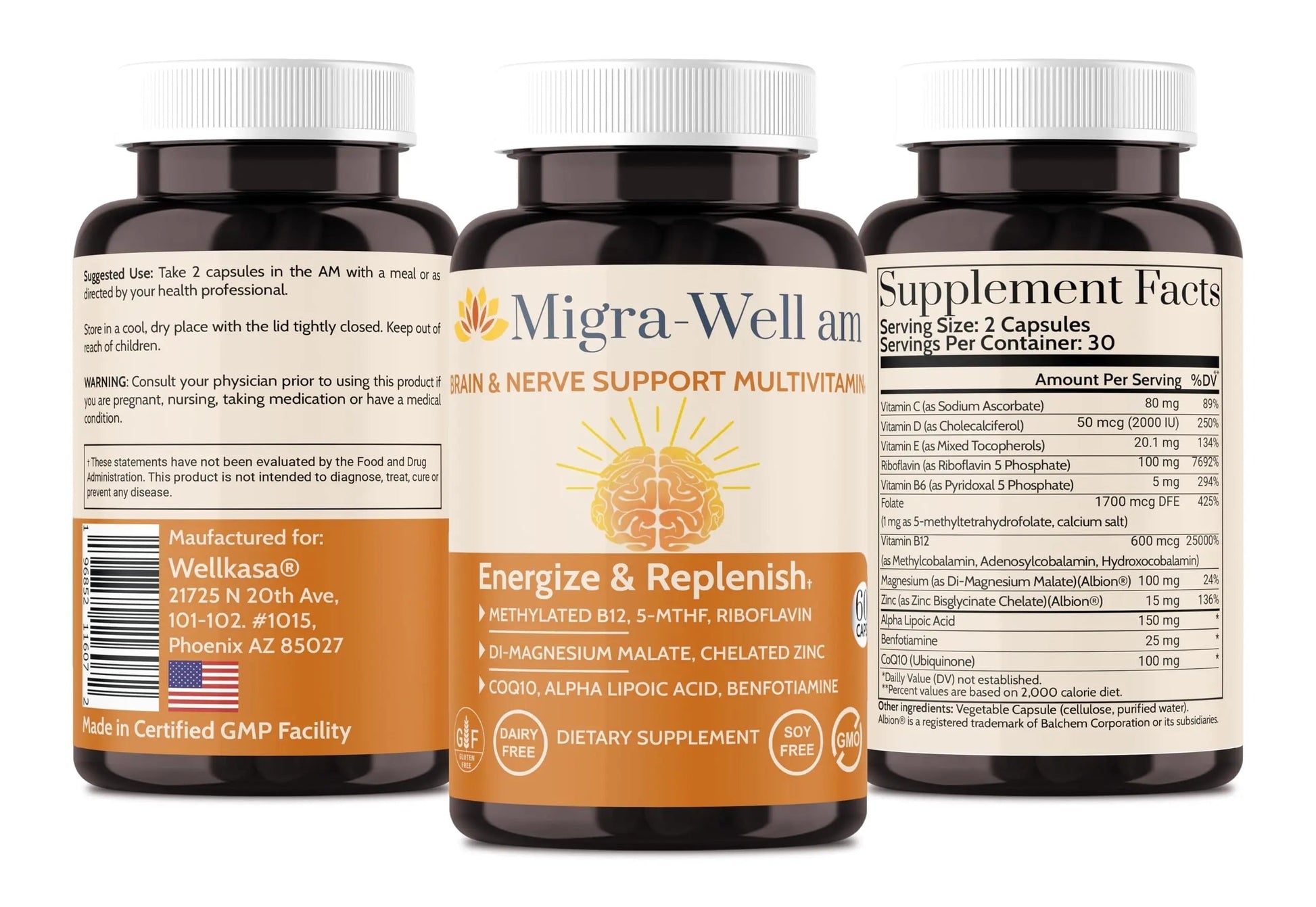 Wellkasa Migra-Well AM: Energizing Daily Methylated Multivitamin with Bioavailable Minerals & Antioxidants Supporting Brain WellkasaAu supplements