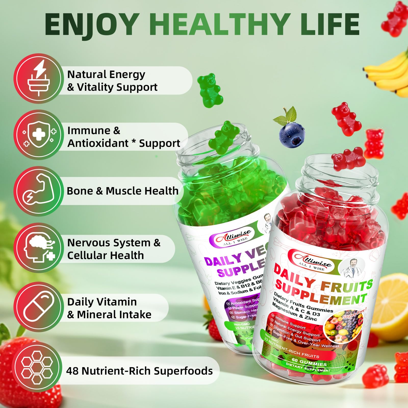 Sugar-Free Fruits & Veggies Gummies, Super Greens with 23 Fruits & 25 Veggies, Multivitamin Minerals & Fiber, Vegan Fruit & Vegetable Supplement for Adults, 120 Gummies, 2 Month Supply AlliwiseAu supplements
