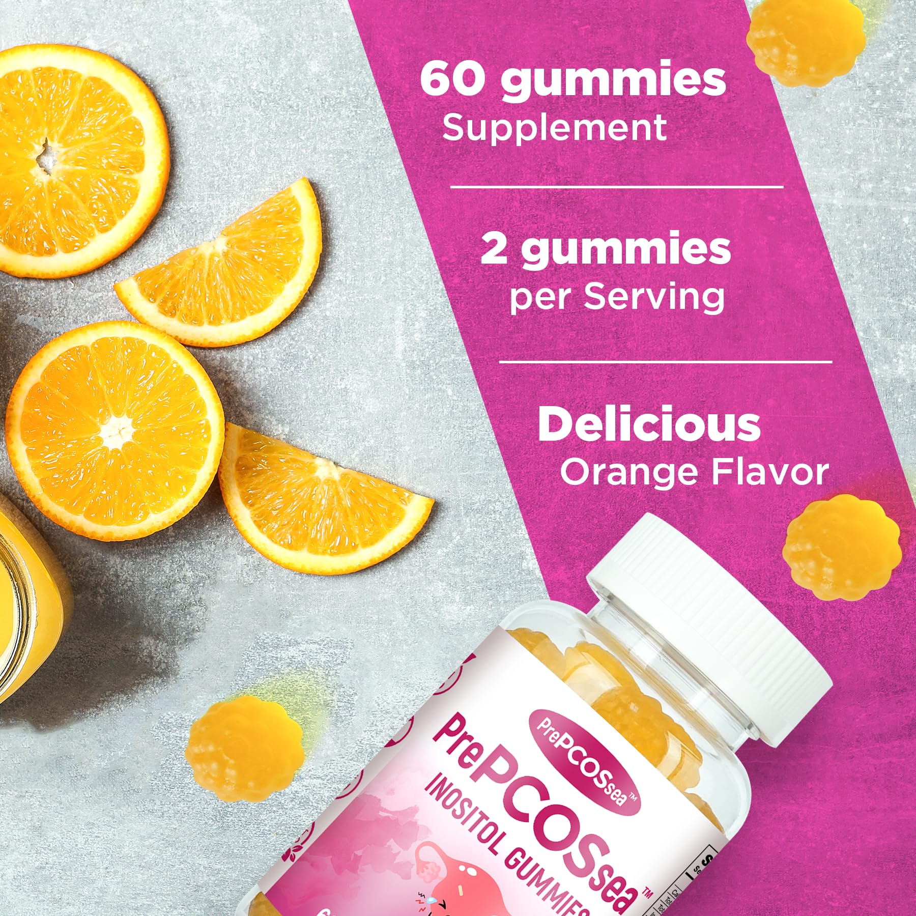 Feelherbs PrePCOSsea Inositol Gummies Vitamins, 2 Pack Orange Flavor Myo-Inositol Vitamin Gummies with Folate, B6, B12 & D-Biotin, 60 Count Soft Chews FeelherbsAu supplements