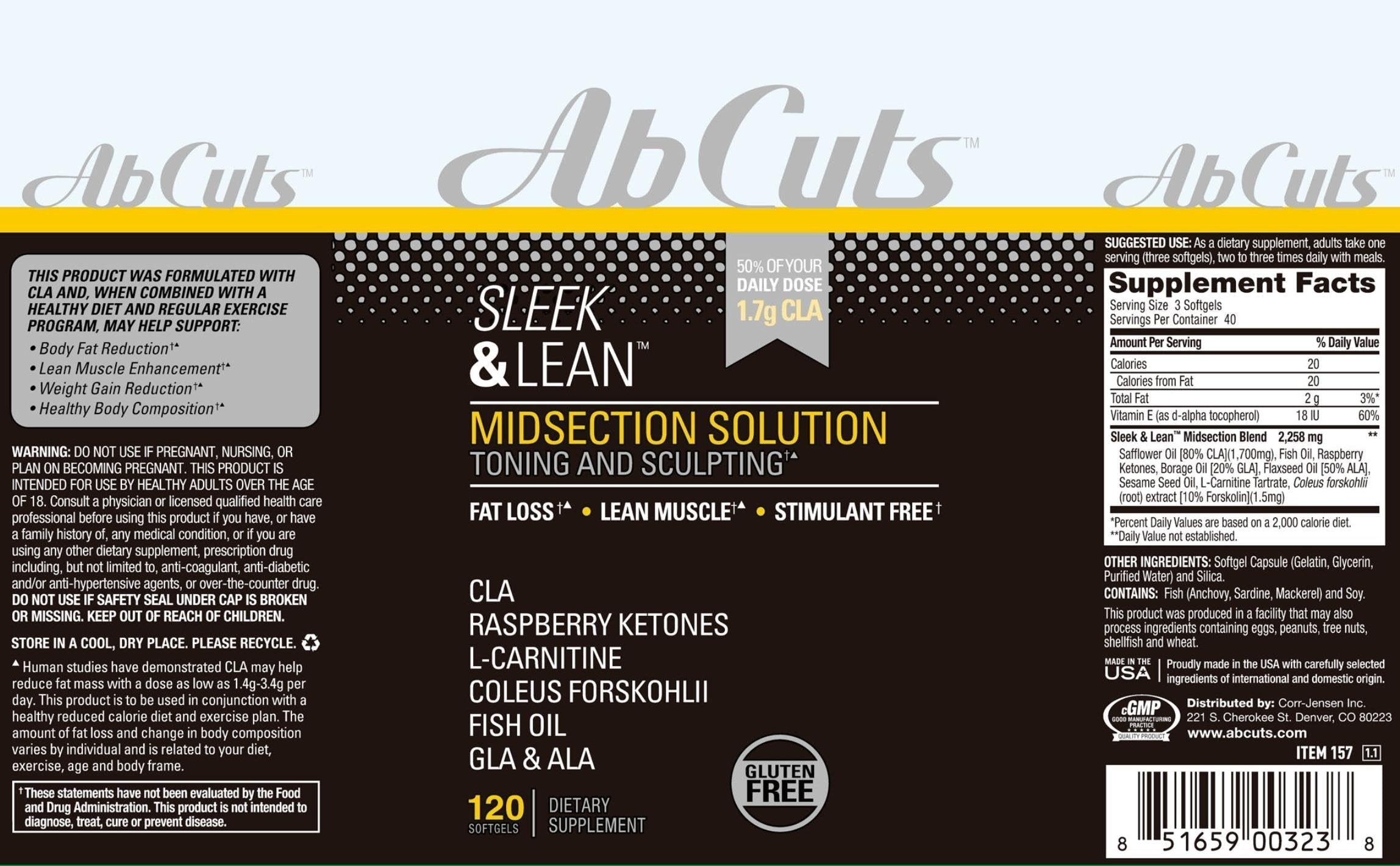 AbCuts Sleek and Lean - 120 Easy-to-Swallow Softgels - CLA Supplement, Fish Oil AbCutsUS supplements
