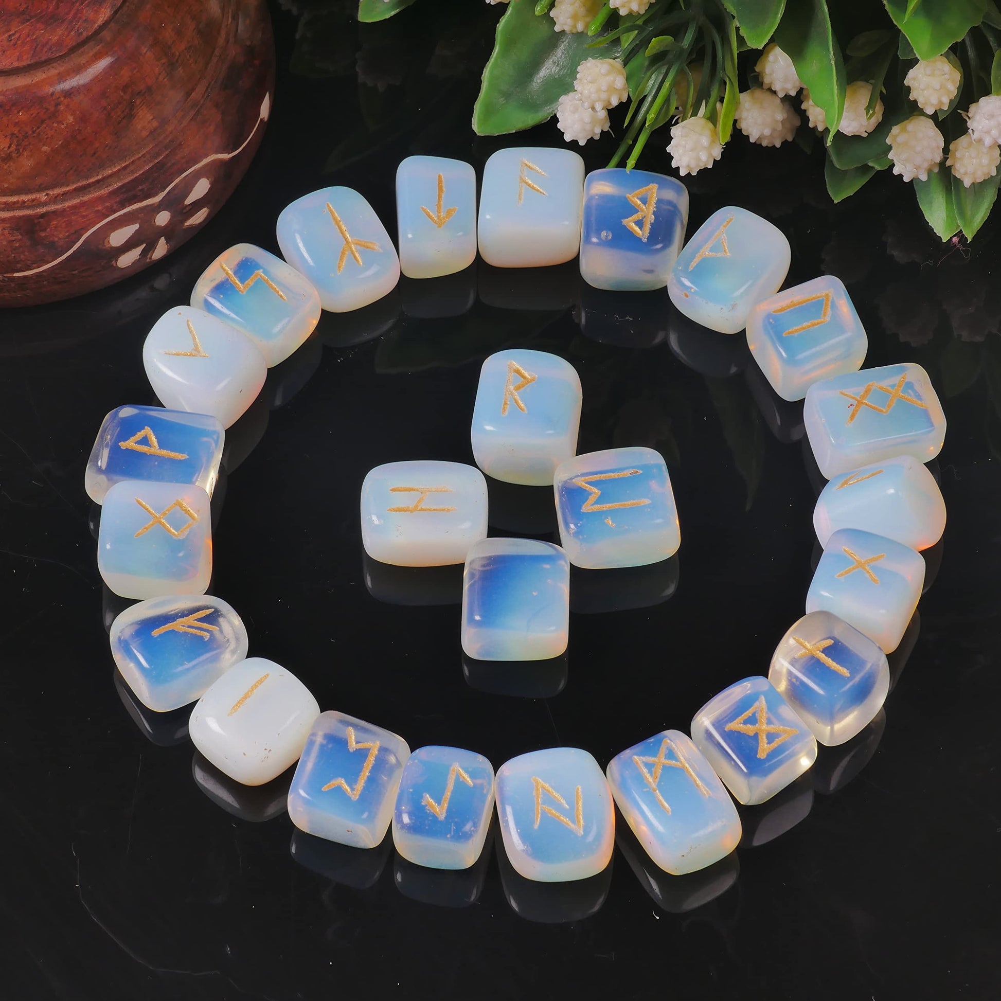 Opalite Rune Stone - Rune Set - Engraved Elder Futhark Alphabet Symbols - Witchcraft Crystals QUIPSAAu supplements