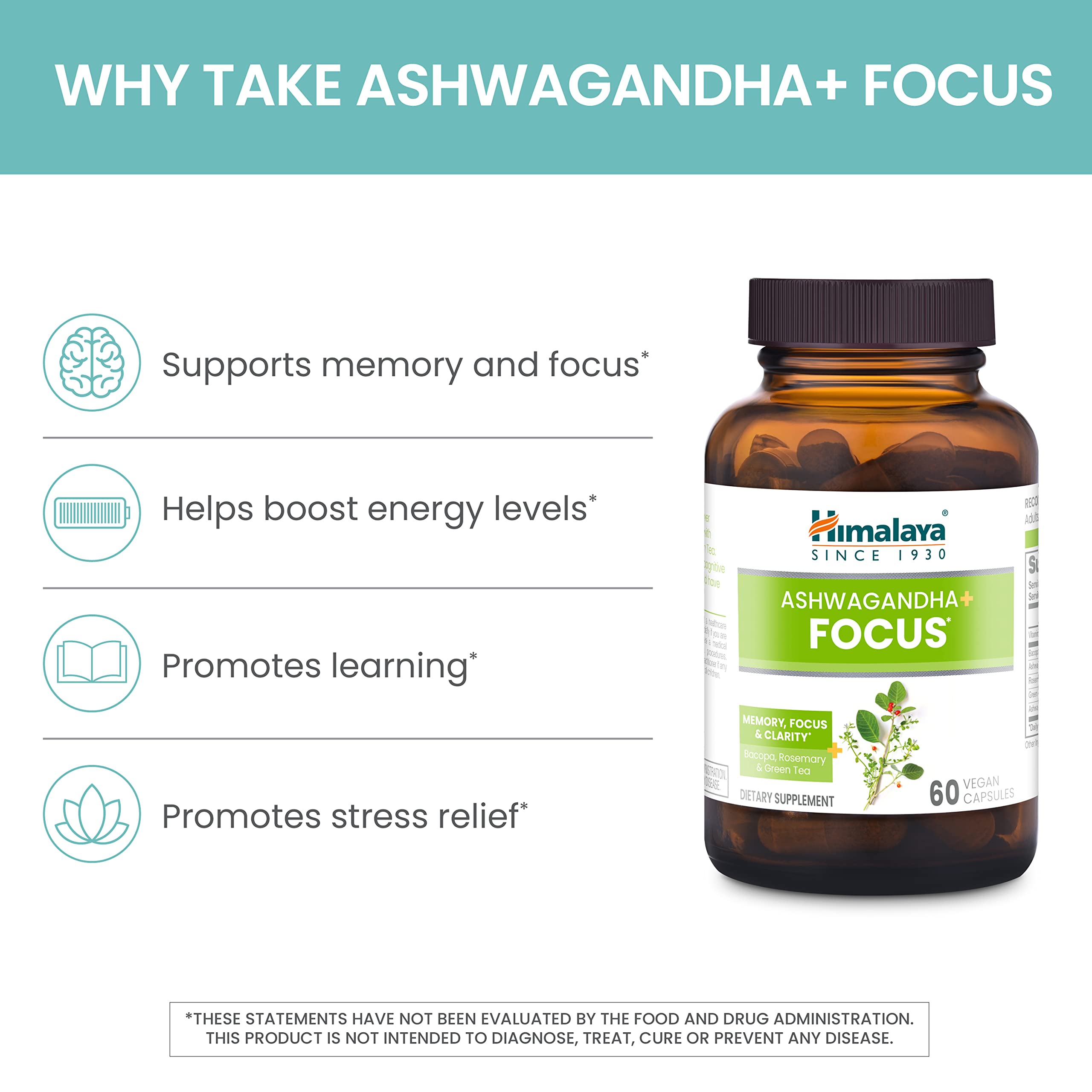 Himalaya Ashwagandha+ Focus - Herbal Focus Supplement with B12, Rosemary, Green Tea, and Bacopa Nootropics for Memory and Clarity - Vegan, Non-GMO, Gluten Free, 1690 mg, 60 Caplets HimalayaAu supplements