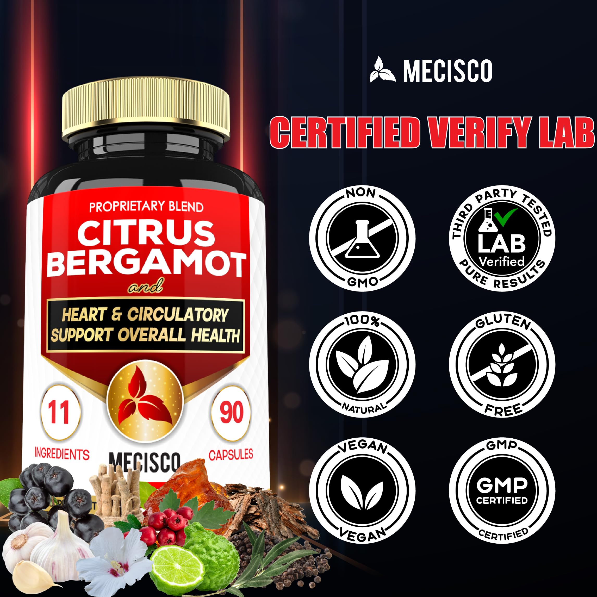 Mecisco 11 in 1 Citrus Bergamot Supplement 1000mg with Black Chokeberry, Berberine HCl & More - 90 Capsules - Supports Heart Health, Immune System, Energy Production MeciscoAu supplements