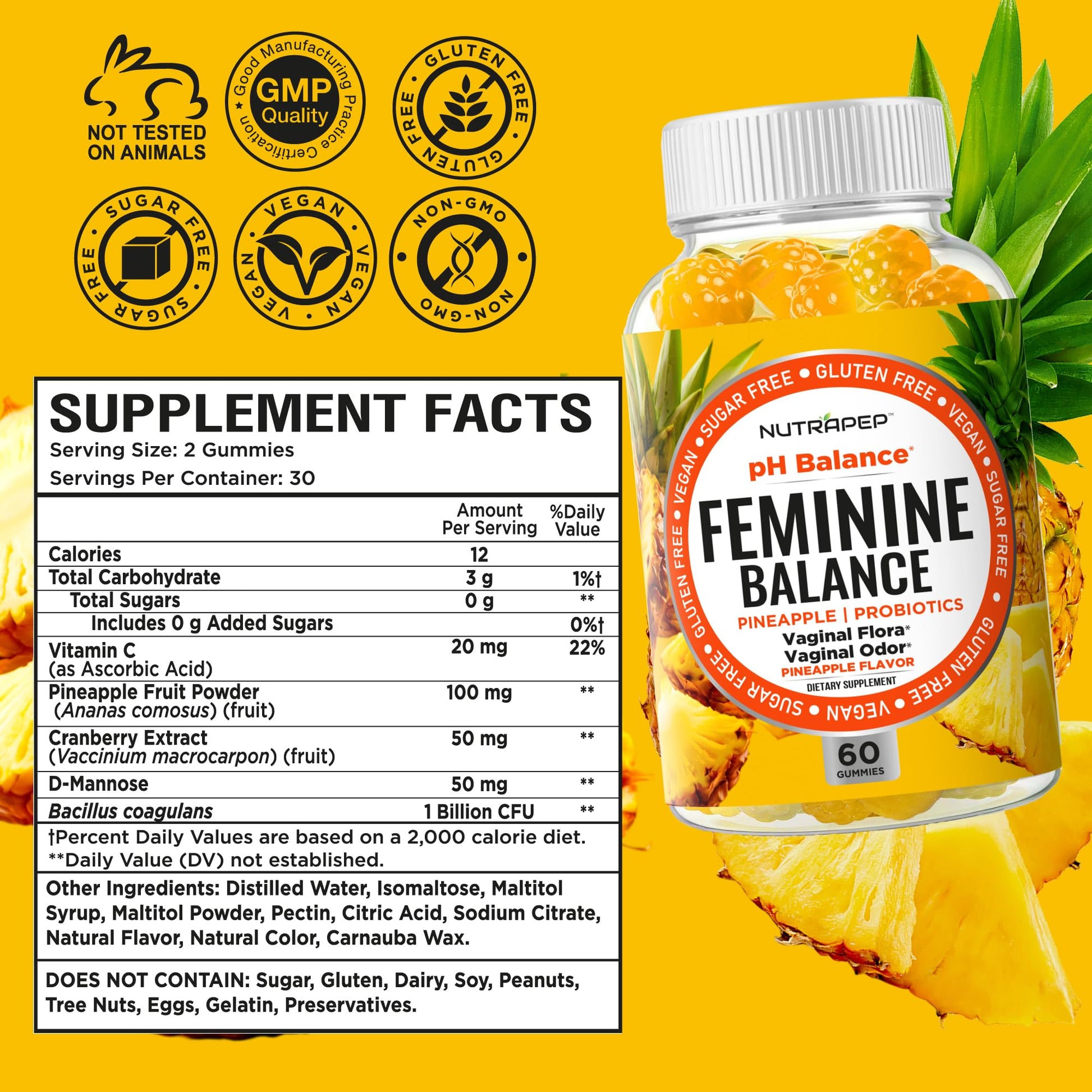 NutraPep Feminine Balance Probiotics Gummies for Women - Vaginal Health & Women's pH Balance Natural Gummy Supplement with Cranberry Pineapple Powder - Sugar Free Gluten Free Vegan (Pack of 2) NutraPepAu supplements