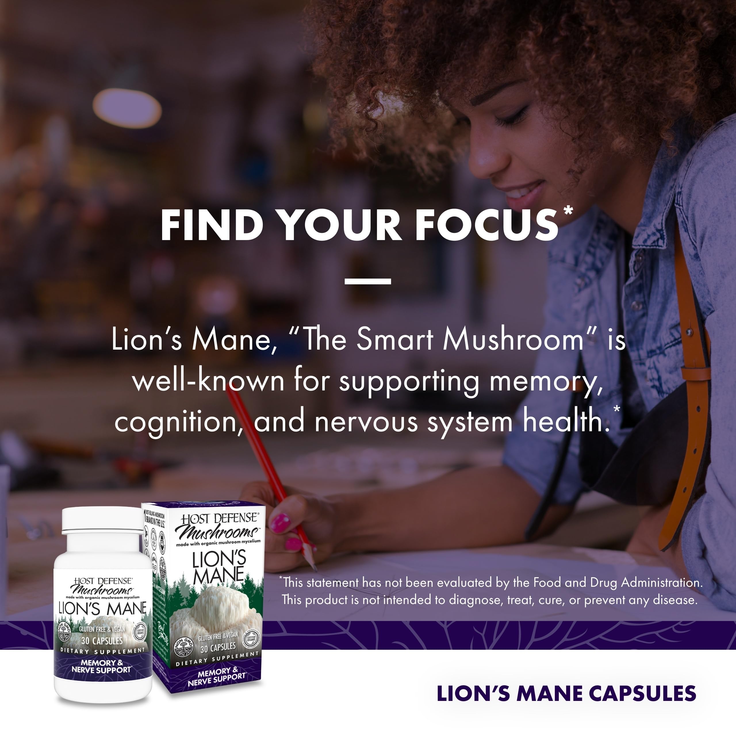 Host Defense Mushrooms Lion's Mane - Brain Health Support Supplement for Focus & Memory Function - Immune & Nervous System Support Supplement- 30 Capsules Host DefenseAu supplements