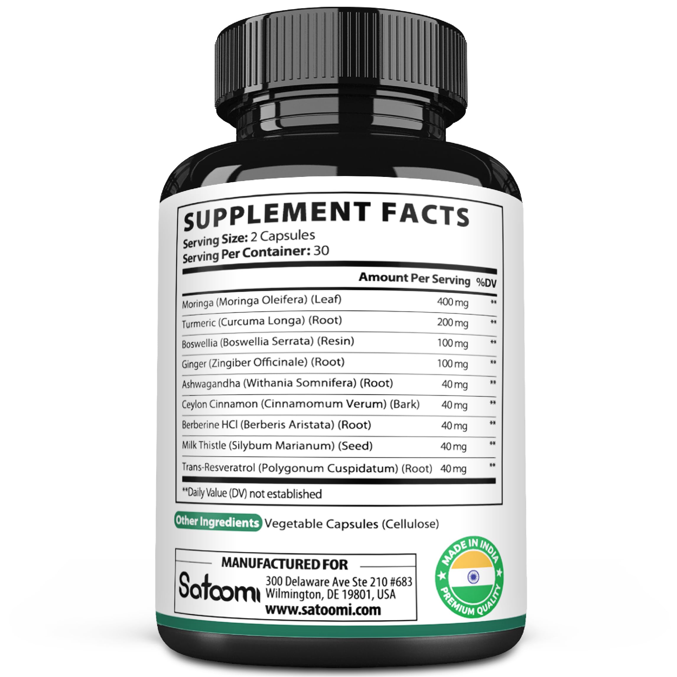 Satoomi 9in1 Moringa Capsules - Featuring Moringa, Turmeric, Boswellia, Ginger, Ashwagandha, Ceylon Cinnamon and Milk Thistle, and Resveratrol | Support Mood, Heart & Overall Health - 60 Count SatoomiAu supplements