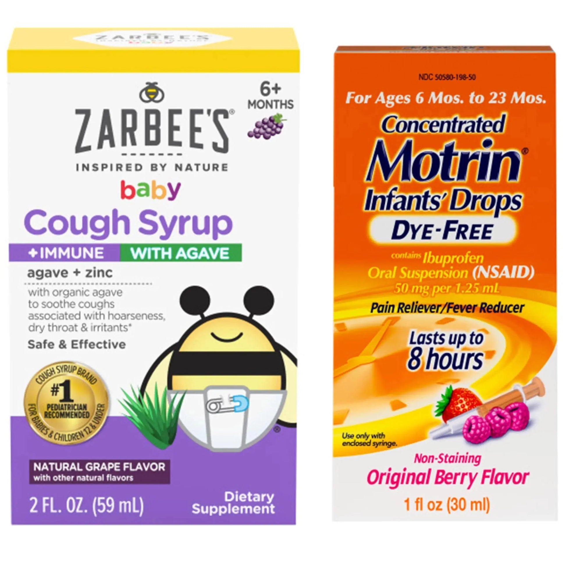 Motrin and Zarbee’s Essentials for Infants Infants' Concentrated Liquid Medicine Drops with Ibuprofen and Zarbee's Baby Coughⱡ Syrup + Immune with Organic Agave + Zinc MotrinAu supplements