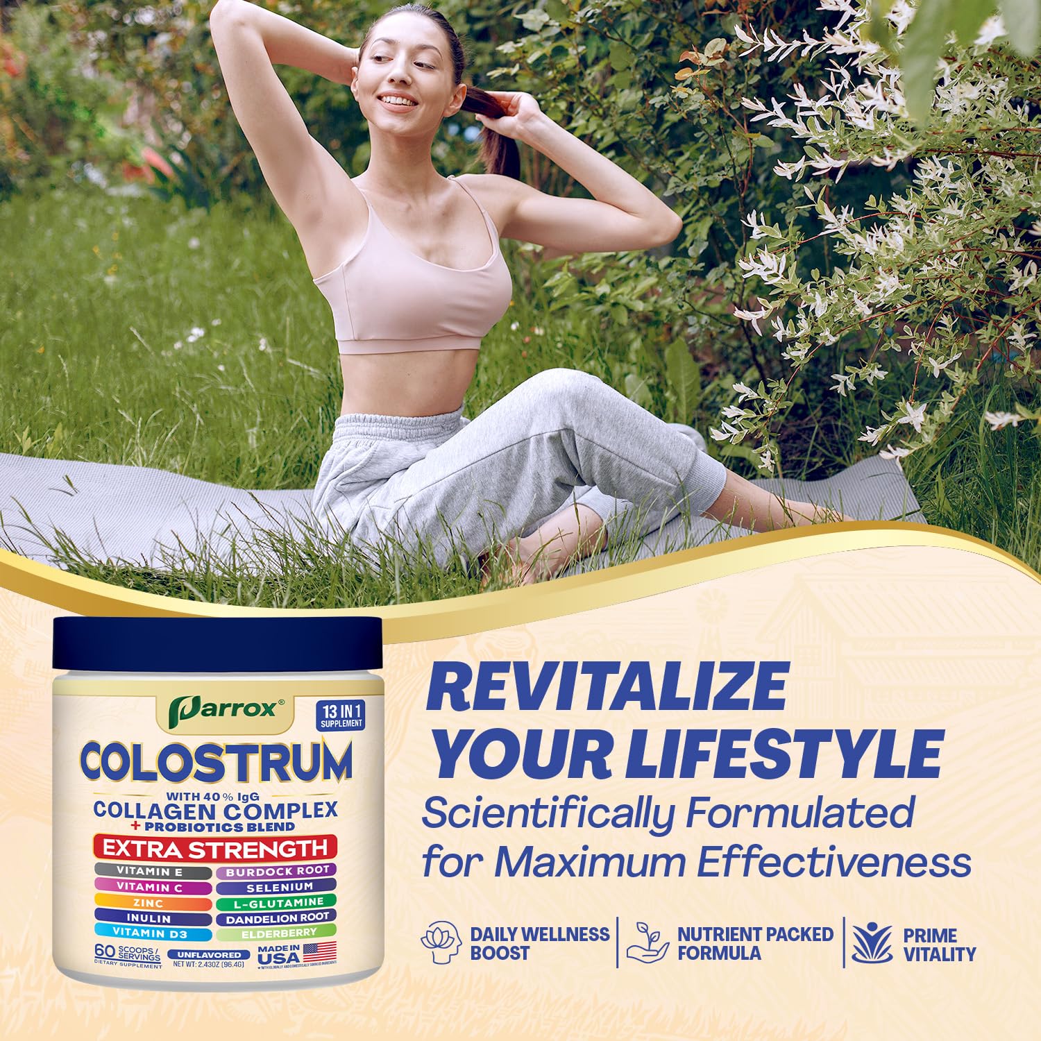 Parrox Colostrum Powder with 40% IgG, Collagen, Probiotics, Burdock Root, L-Glutamine, Elderberry, Vitamin C, Vitamin E, Vitamin D3, Inulin, Selenium, Dandelion Root, Zinc, 60 Servings (Unflavored) ParroxAu supplements