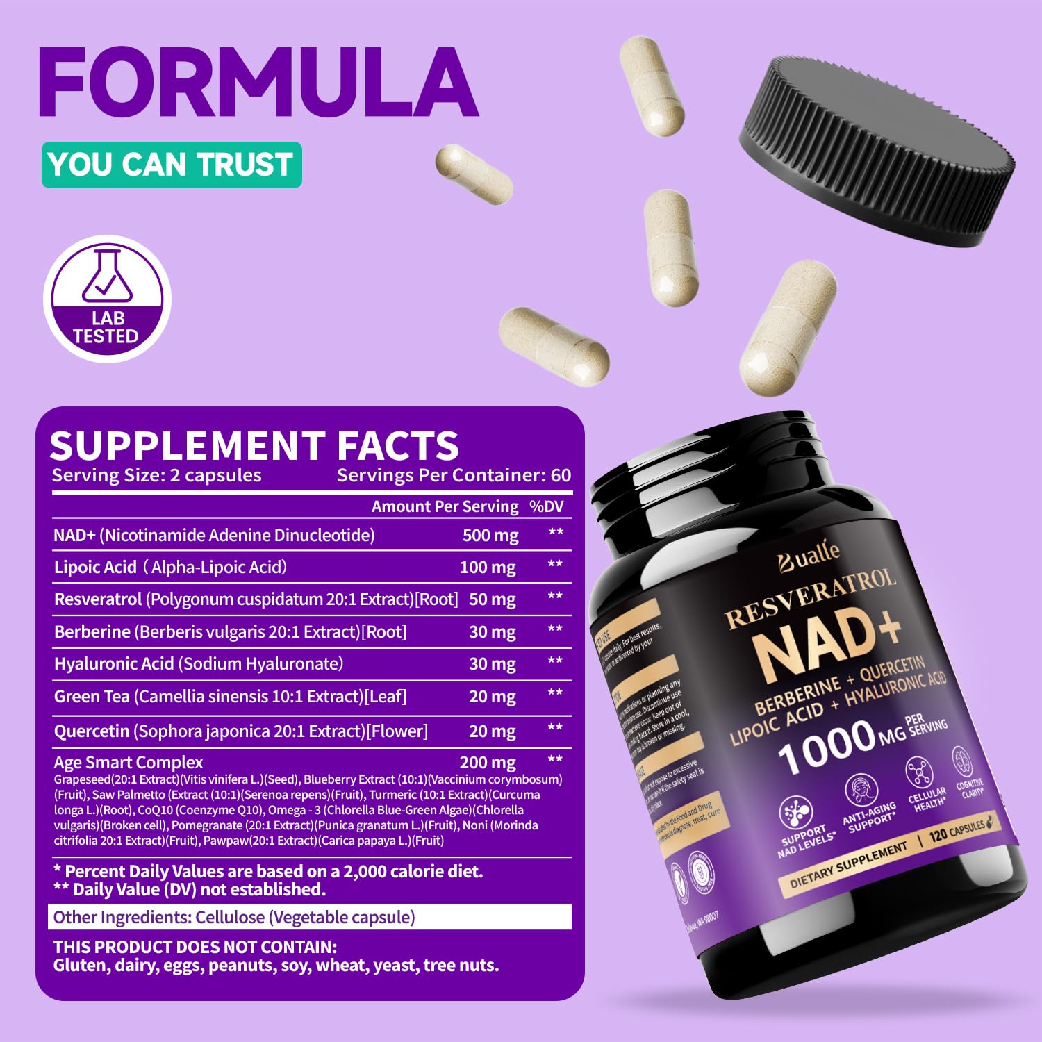 Bualle NAD Supplement, Liposomal NAD Resveratrol Supplement Contains Berberine, Alpha Lipoic Acid,Hyaluronic Acid & Quercetin - Joint Function& Support Anti-Aging,NMN Alternative -120 Capsules BualleAu supplements