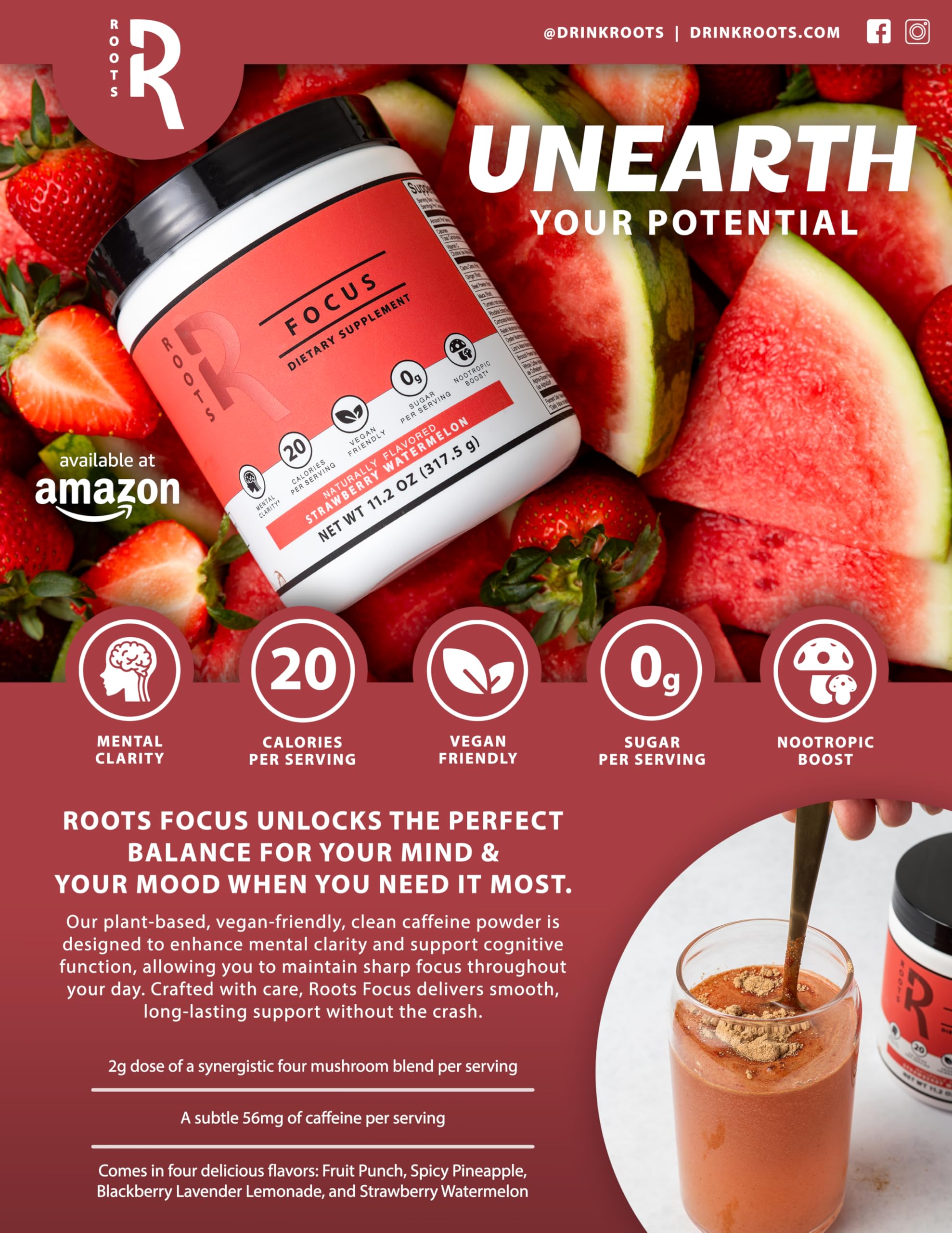 Roots Focus Brain Supplement - Nootropic Mushroom Supplement Powder for Memory, Focus, Energy - Lion's Mane, Cordyceps, Reishi Mushrooms with Caffeine - Blackberry Lemonade, 11.6oz Tub (50 Servings) Silver Star NutritionAu supplements