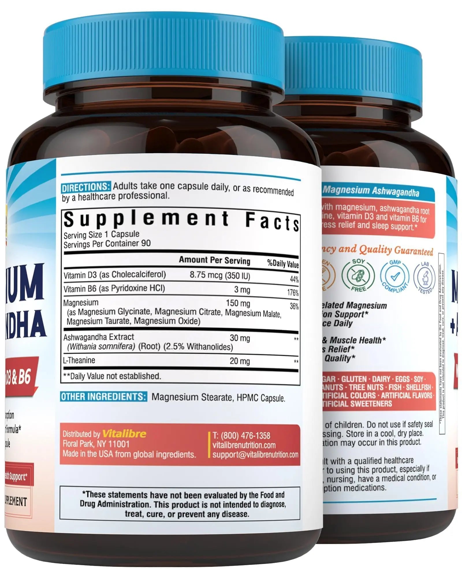 Vitalibre Magnesium Complex with Ashwagandha & L-Theanine - Stress Relief, Bone & Relaxation Support - w/Vitamin D3, B6 - Glycinate, Citrate, Malate, Taurate - 90 Vegan Capsules, Non-GMO, Gluten Free Vitalibrenz supplements