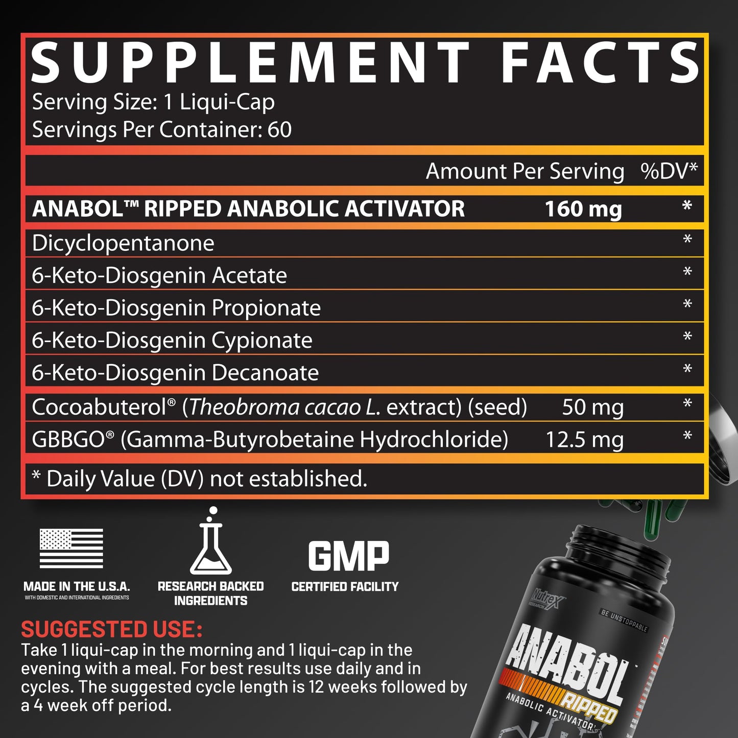 Nutrex Research Anabol Ripped Anabolic Muscle Builder for Men, 2-in-1 Muscle Builder and Shredding Supplement, (60 Count) Nutrex ResearchUS supplements