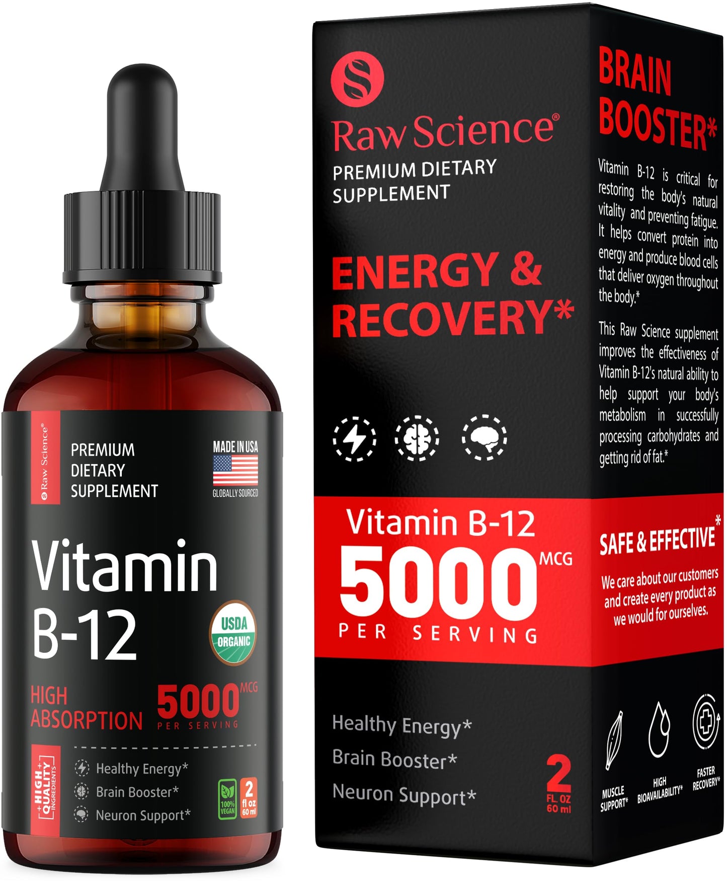 Vitamin B12 Liquid Drops Sublingual 5000mcg, Methyl & Methylcobalamin Supplements S RAW SCIENCEUS supplements