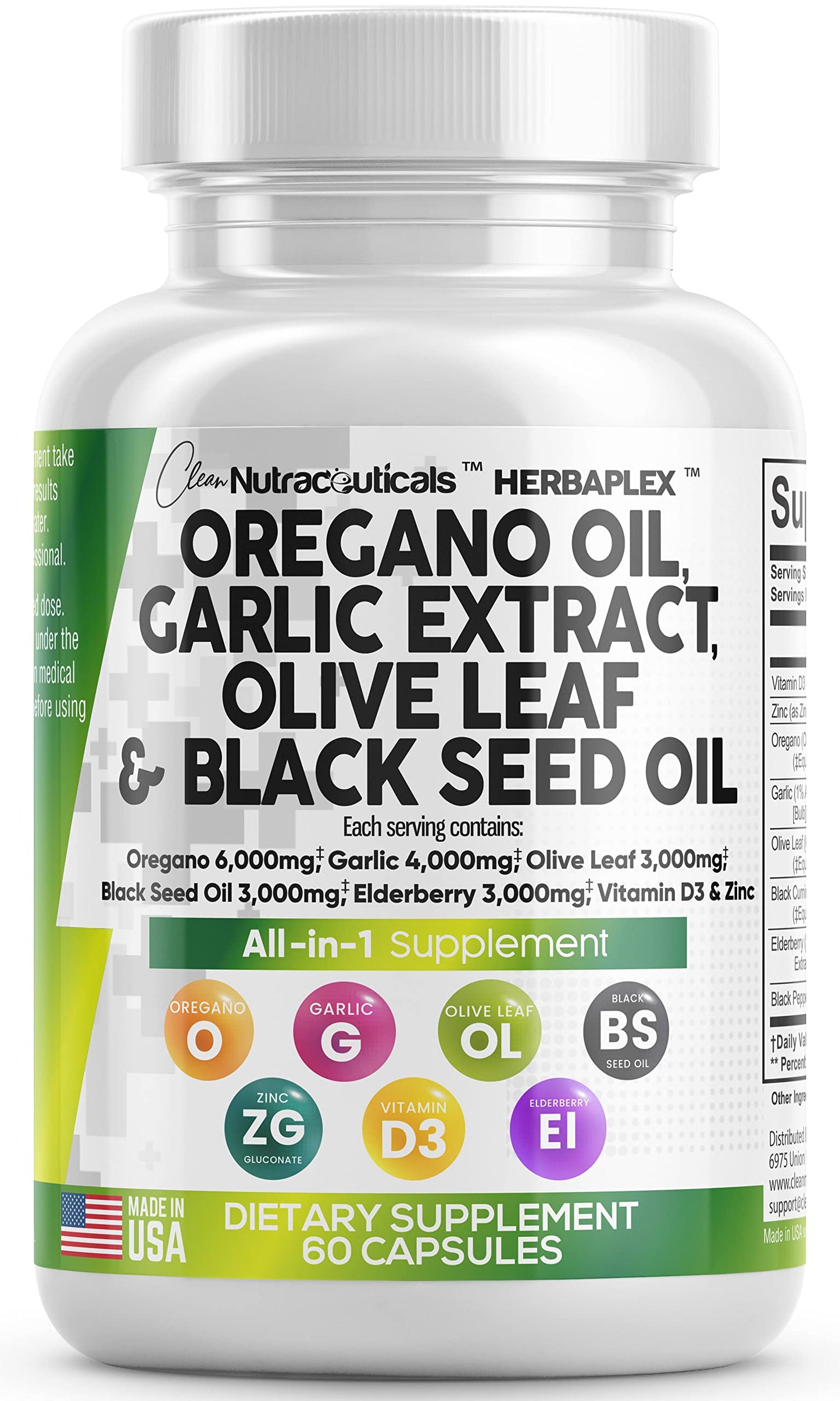 Oregano Oil 6000mg Garlic Extract 4000mg Olive Leaf 3000mg Black Seed Clean NutraceuticalsUS supplements