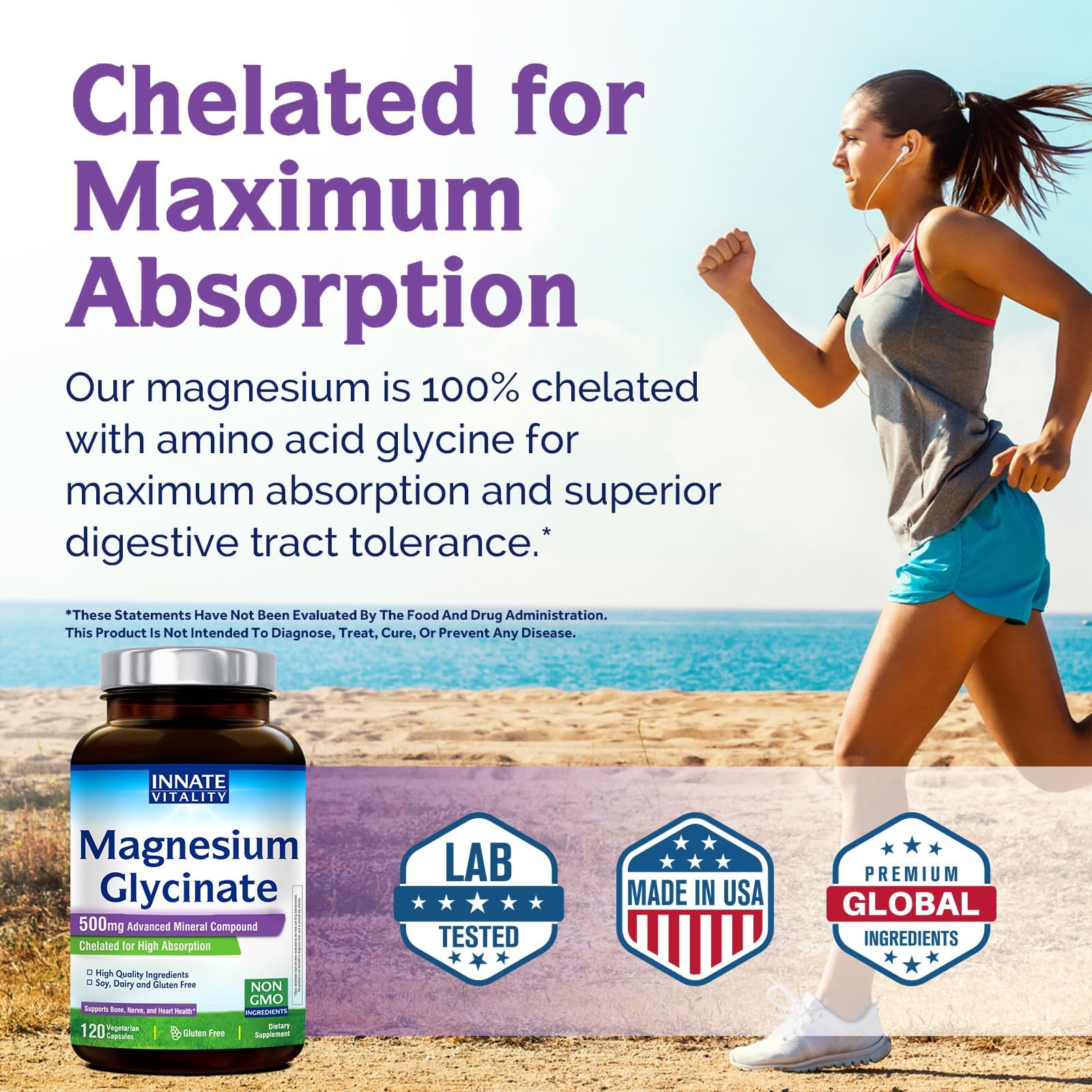 Innate Vitality Magnesium Glycinate 500mg | 70mg Elemental Magnesium Supplement - High Absorption, Non Buffered, Non-GMO & No Gluten - Vegan - Nerve Health - 120 Capsules (Pack of 1) Innate VitalityAu supplements