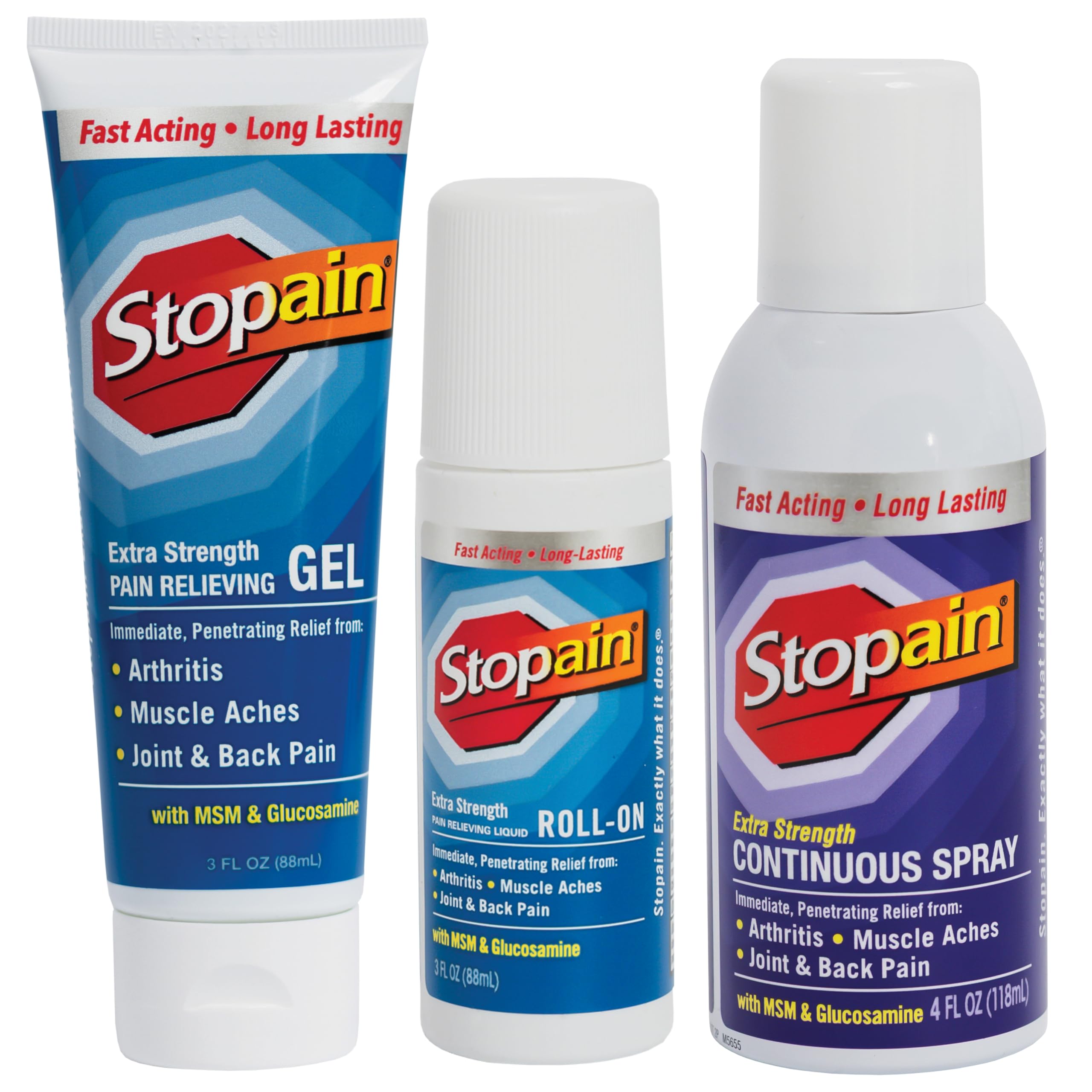 Stopain Pain Relief Combo Set (Gel, Roll On, Spray) USA Made, Max Strength Fast Acting with MSM, Glucosamine, Menthol for Lower Back, Knee, Neck HSA FSA Topical Analgesic Products StopainAu supplements