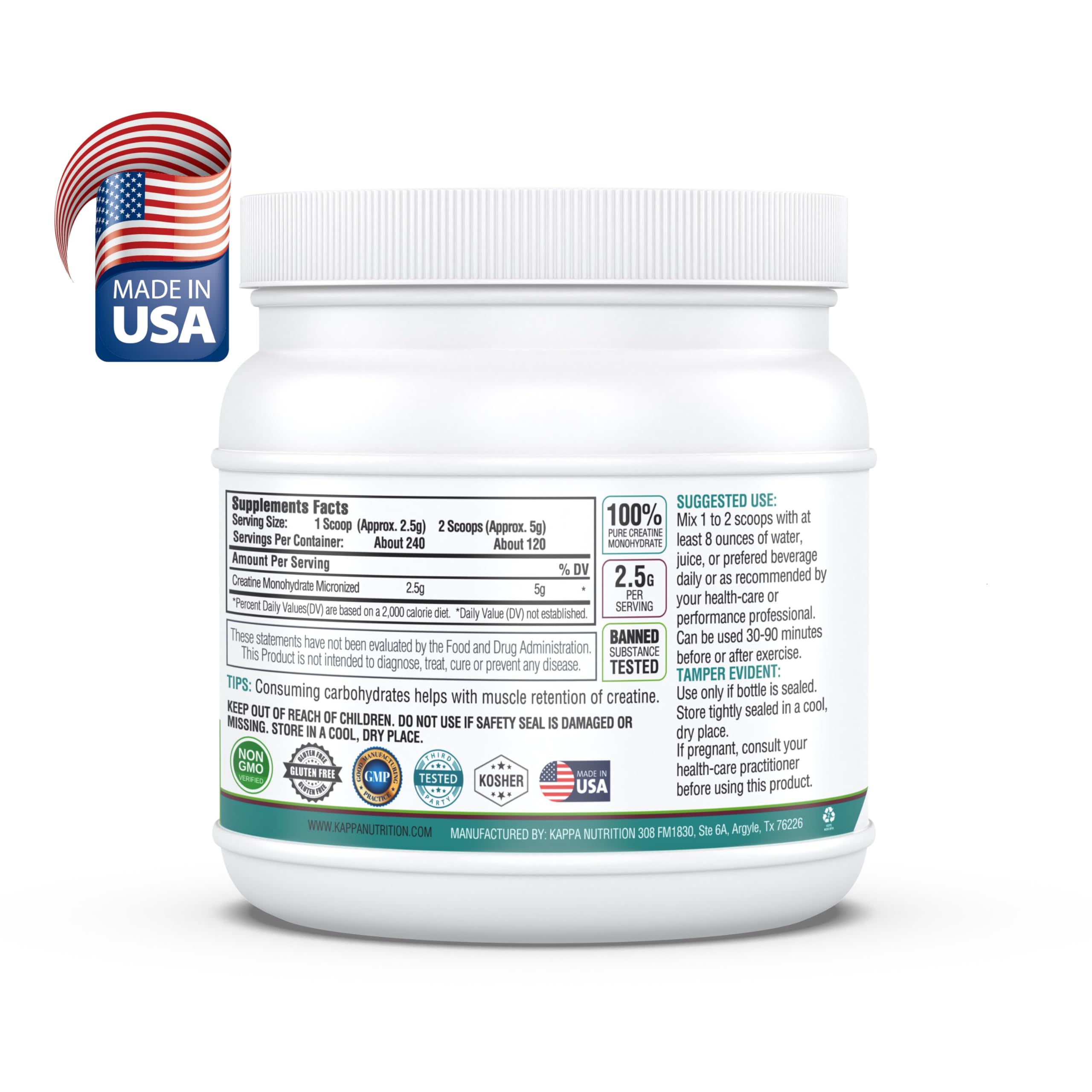Kappa Nutrition Creatine Monohydrate Powder, Pure Amino Acid Formula, Supports Muscle Strength, Cellular Energy & Mental Focus* Gluten-Free, Keto, 2.25g per Scoop, 240 Servings, Net Wt. 1.32 LB (600g) KAPPA NUTRITIONAu supplements