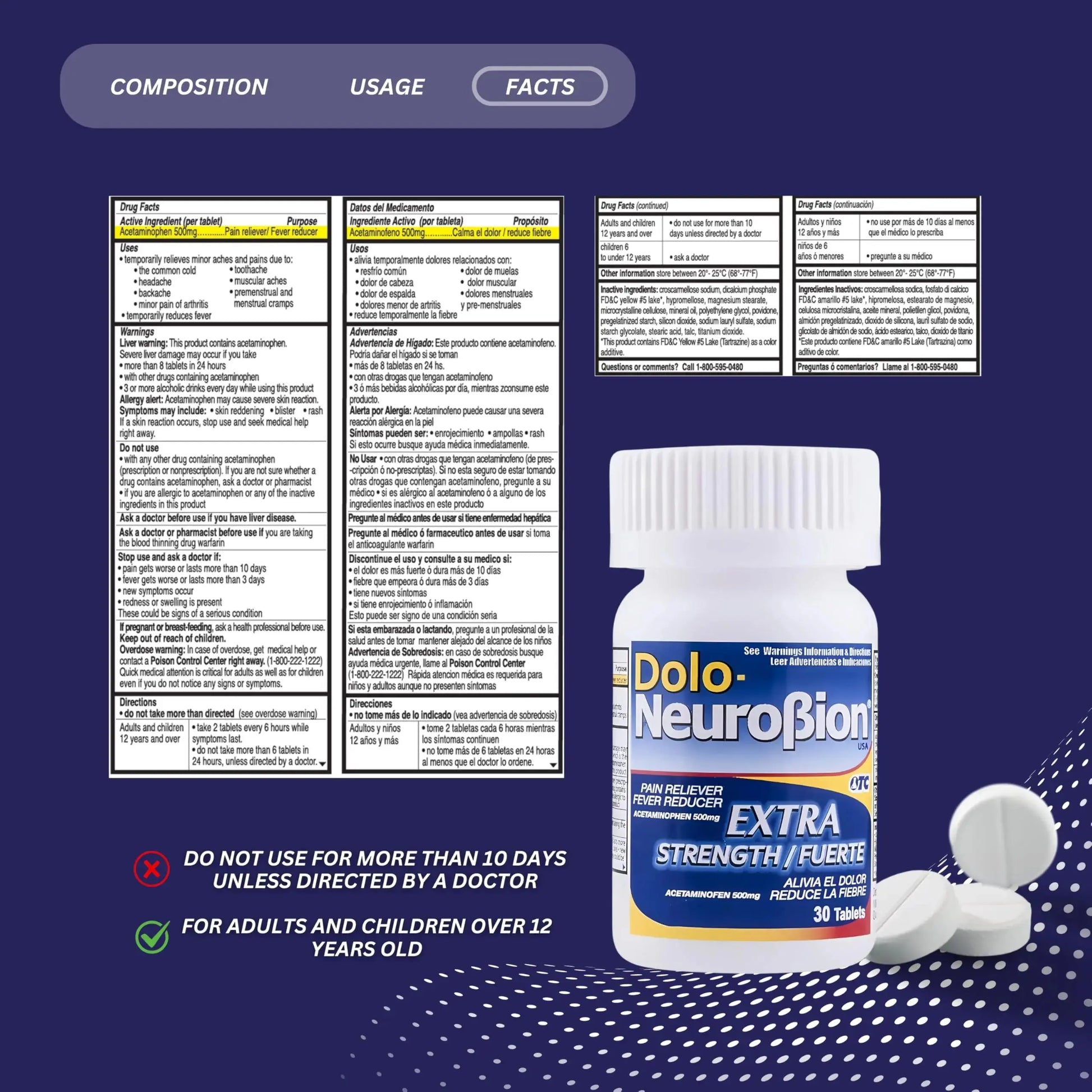 Dolo Neurobion 30 Tablets - Pain Reliever, Fever Reducer, Extra Strength, Fuerte, Alivia el Dolor, Reduce la Fiebre NeurobionAu supplements