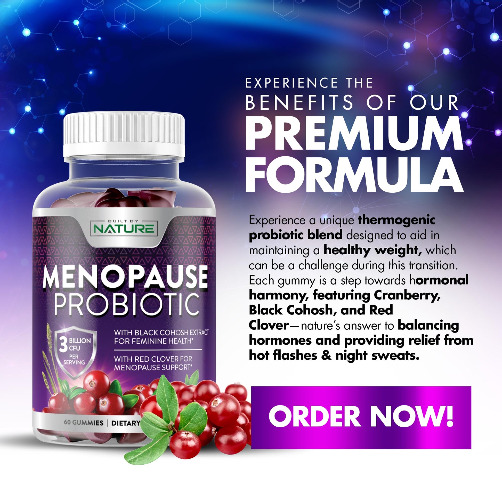 Menopause Supplements for Women - Menopause Probiotic Gummy - Women’s Menopause Relief for Hot Flashes, Night Sweats & Mood Swings with Black Cohosh & Cranberry - Non-GMO, Vegan - 60 Gummies Built by NatureAu supplements