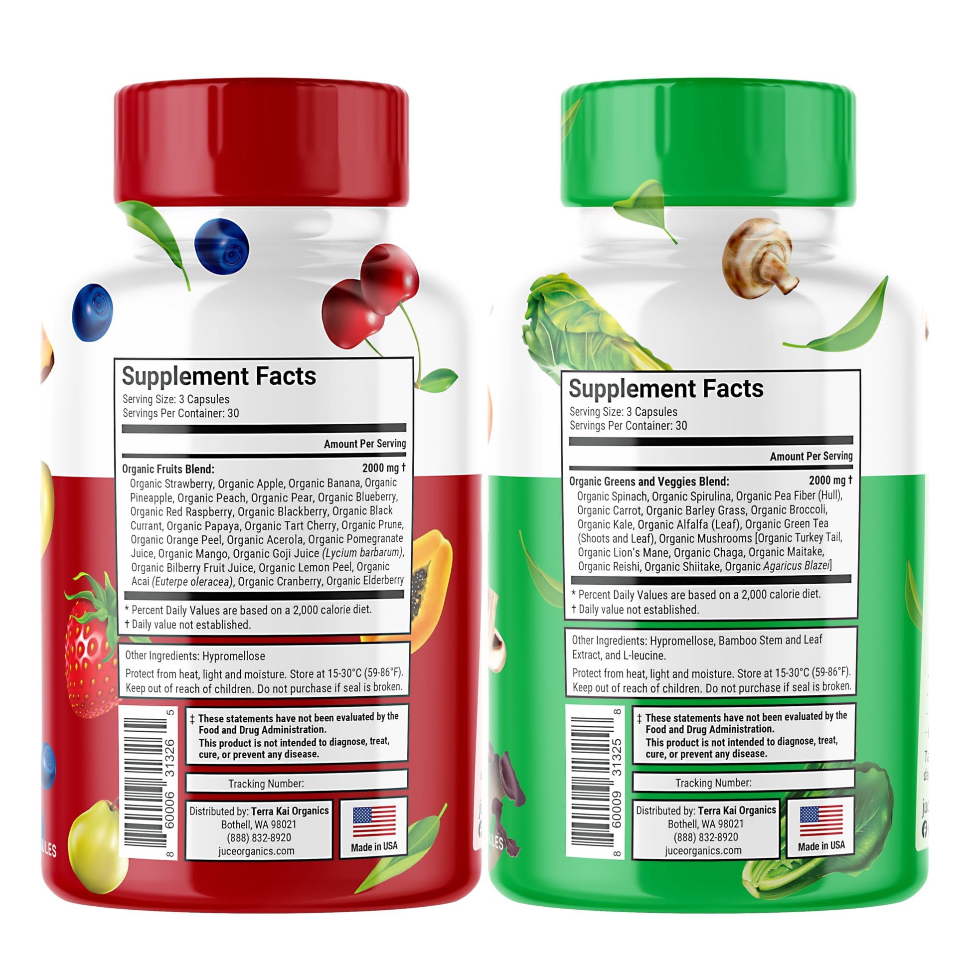 Juce Original Formula - Organic Super Fruit & Veggies Supplement - Gluten/Gelatin Free, Soy Free & Vegan- Reds & Greens Superfood Capsules- 23 Fruits & 23 Vegetables (180 Count)- By Terra Kai Organics Terra Kai OrganicsAu supplements