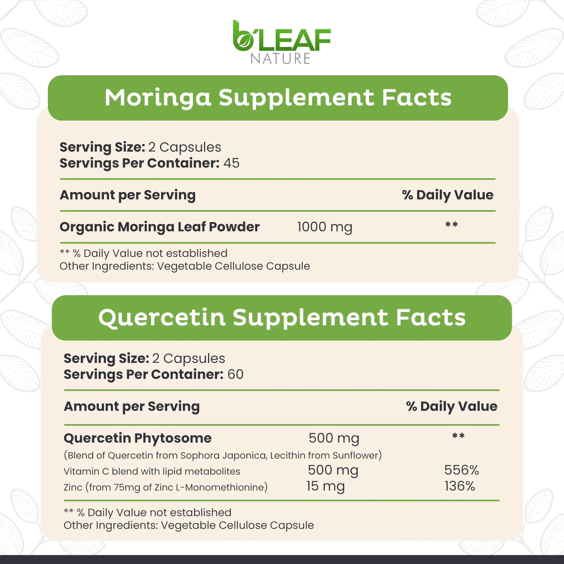 B'LEAF NATURE Moringa and Quercetin Bundle - Non-GMO, Vegan, High Absorption Capsules - 1000mg Quercetin Phytosome Blend + 1000mg Moringa - Natural Energy, Wellness and Immune Support Supplements B'LEAF NATUREnz supplements