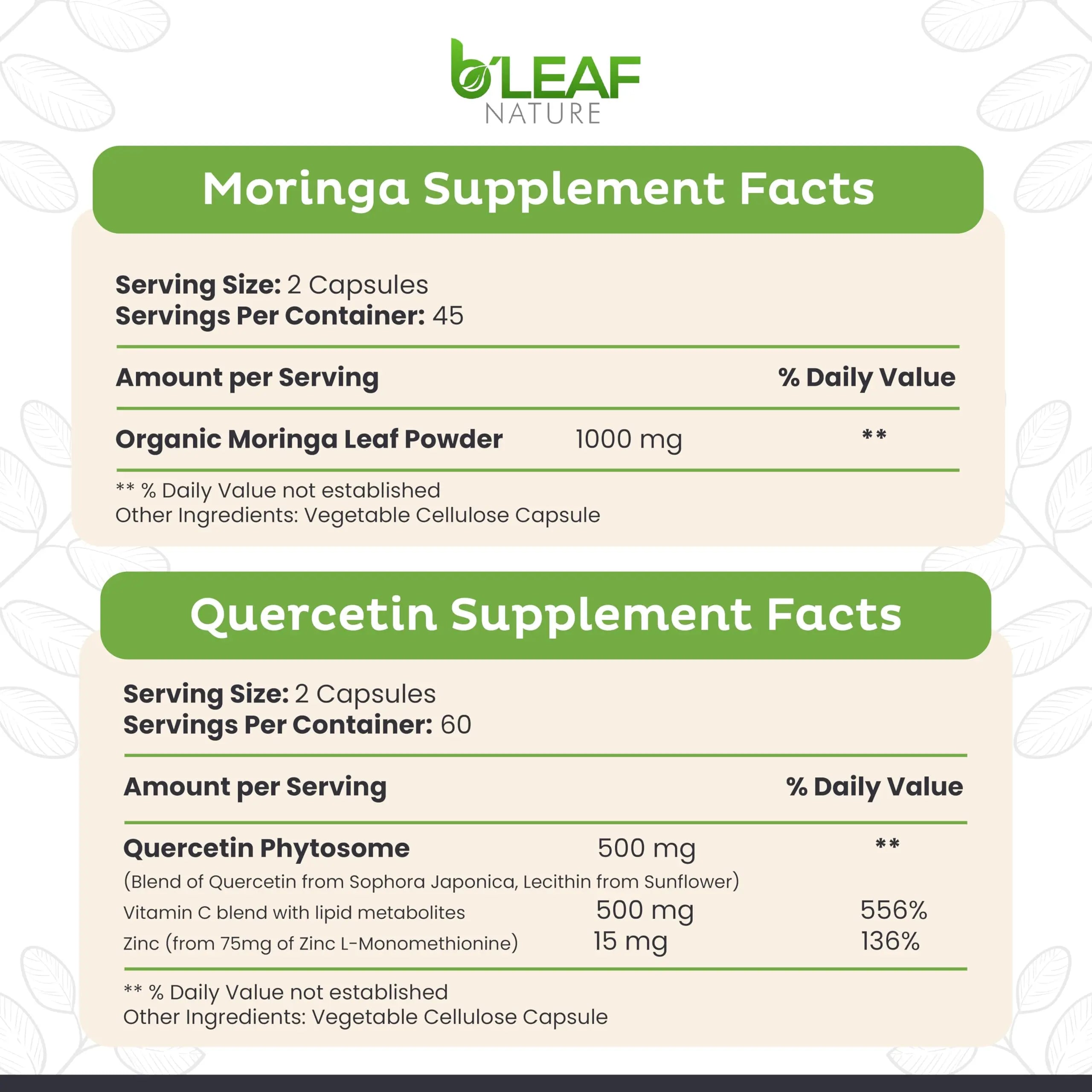 B'LEAF NATURE Moringa and Quercetin Bundle - Non-GMO, Vegan, High Absorption Capsules - 1000mg Quercetin Phytosome Blend + 1000mg Moringa - Natural Energy, Wellness and Immune Support Supplements B'LEAF NATUREnz supplements