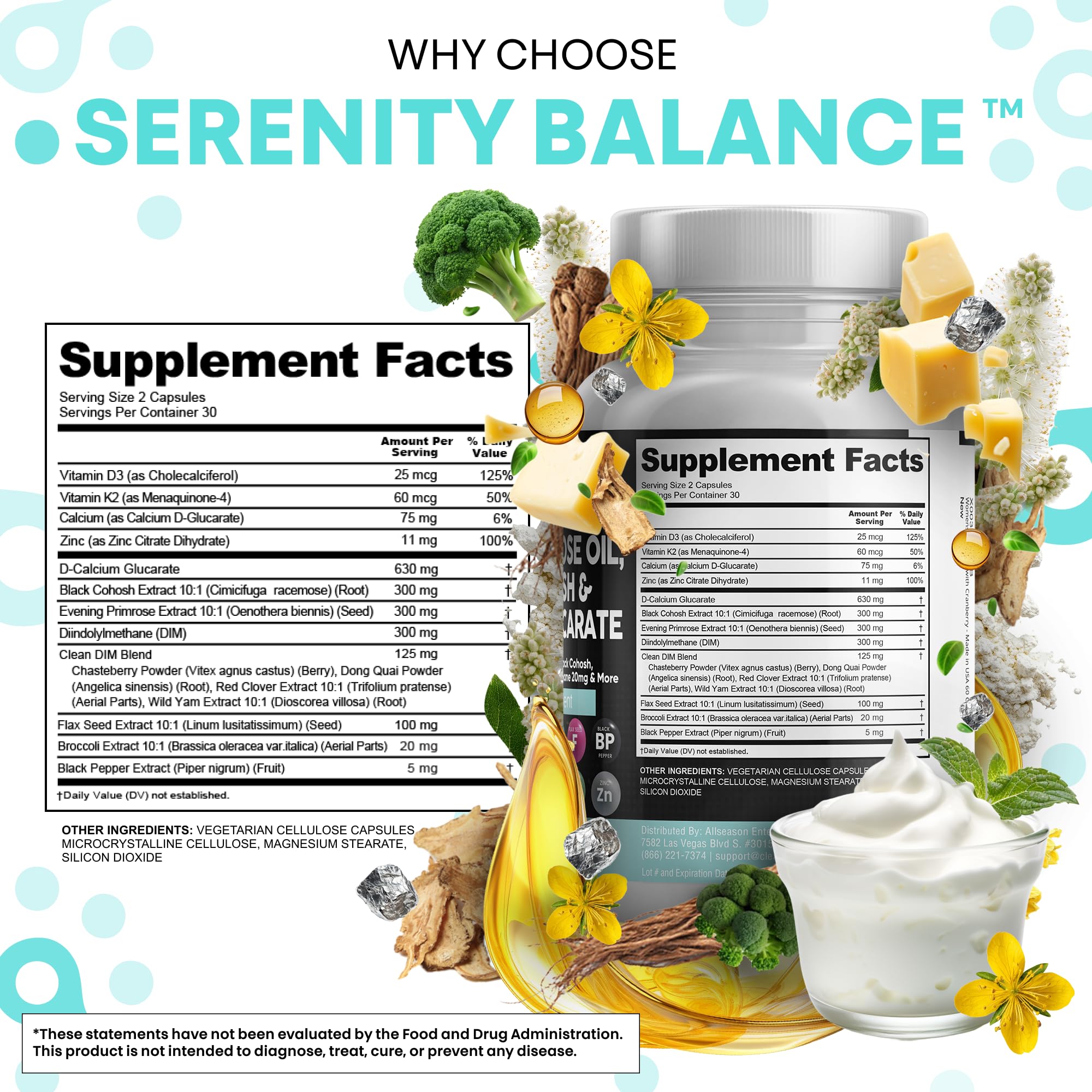 Clean Nutraceuticals DIM Evening Primrose Black Cohosh Calcium D-Glucarate Sulforaphane Flax Seed Extract - Hormonal Support Vitamins for Women with Dong Quai - 60 Caps Clean NutraceuticalsAu supplements