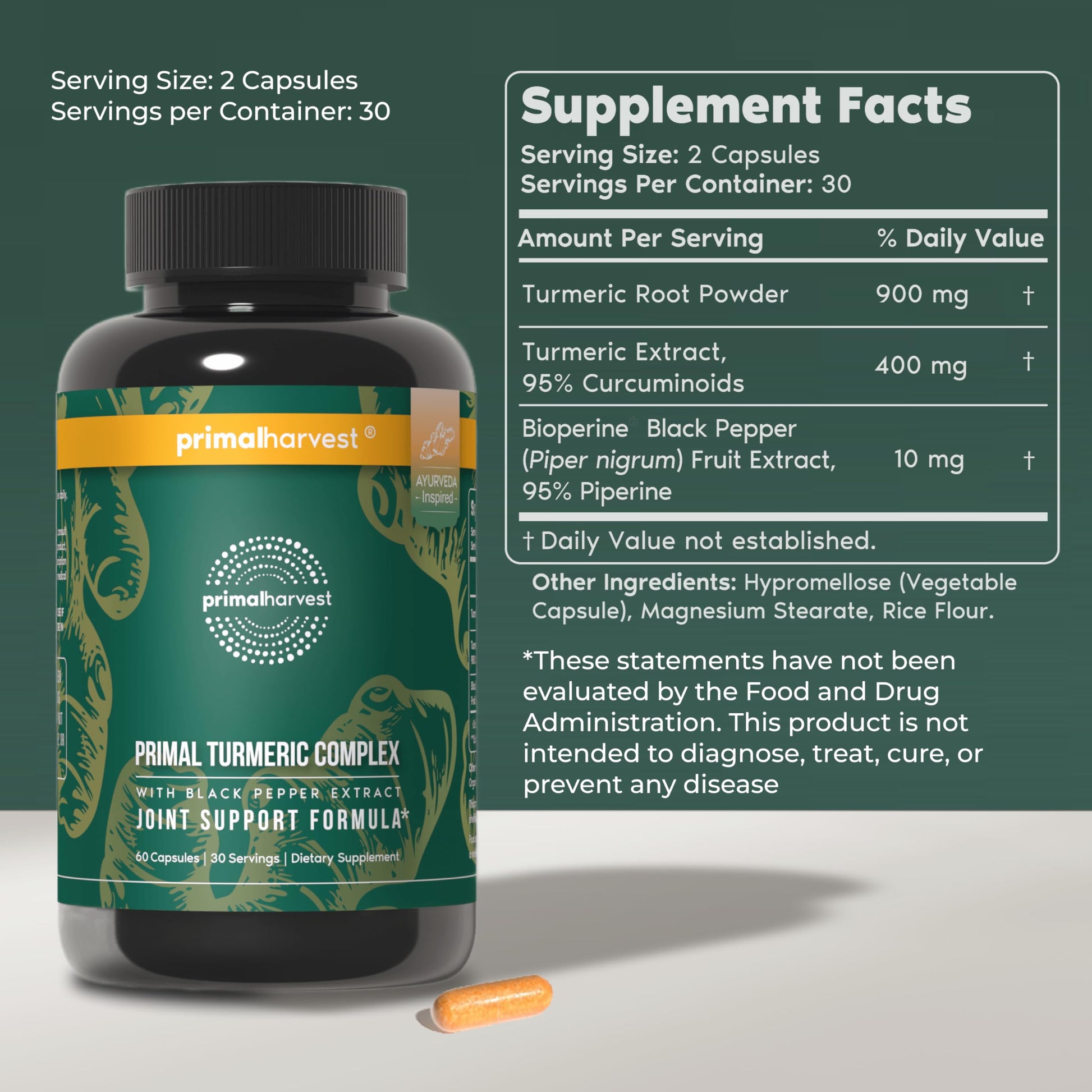 Primal Harvest 1 Pack, Primal Turmeric Complex w/Black Pepper Extract, Joint and Mobility Support Turmeric Supplement for Women & Men, 60 Capsules Primal HarvestAu supplements