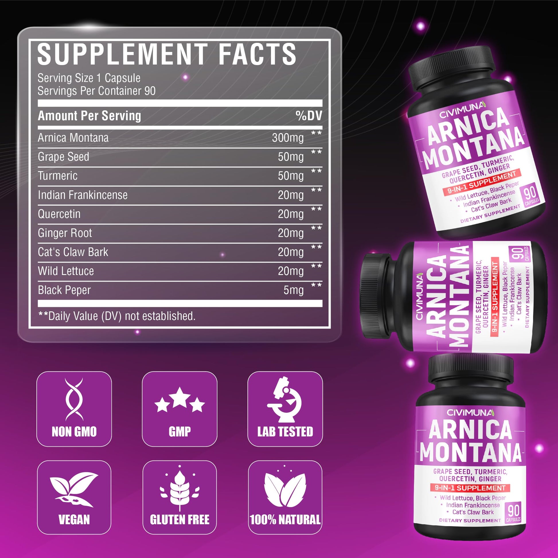 Arnica Capsules with Arnica, Grape Seed, Turmeric and More - 90 Capsules for 3 Months Supply CIVIMUNAAu supplements