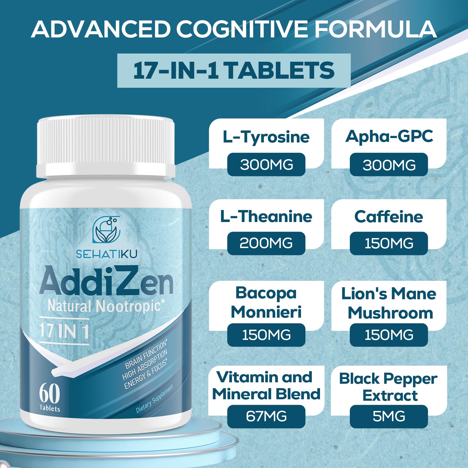 17-in-1 Brain Supplement for Memory and Focus | Natural Nootropics Brain Supplement for Brain Cognition, Energy | High Absorption | L-Theanine, Phytonutrient Blend and Vitamins B6, B12 | 60 Tablets SehatiKuAu supplements