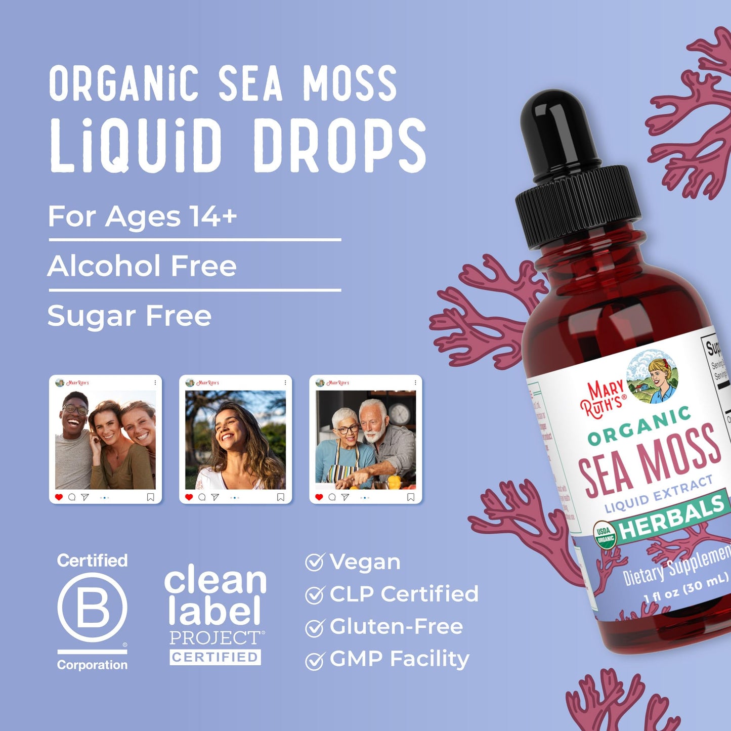 MaryRuth Organics Irish Sea Moss Liquid Drops | Chondrus Crispus | Wild Harvested | Organic Irish Moss Formulated for Adults & Kids Ages 14+ | Unflavored | Sugar Free | Vegan | Non-GMO | 1 Fl Oz MARYRUTH'SUS supplements