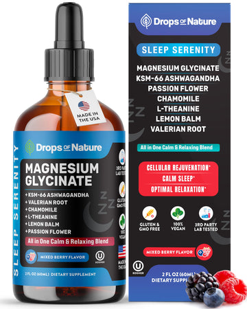 Magnesium Glycinate & Ashwagandha Liquid Drops with Valerian Root, Chamomile, Passion Flower, Lemon Balm & L-Theanine - Vegan Fast Absorption - Supplement for Wellness & Relaxation (Mixed Berry, 60mL) Drops Of NatureAu supplements
