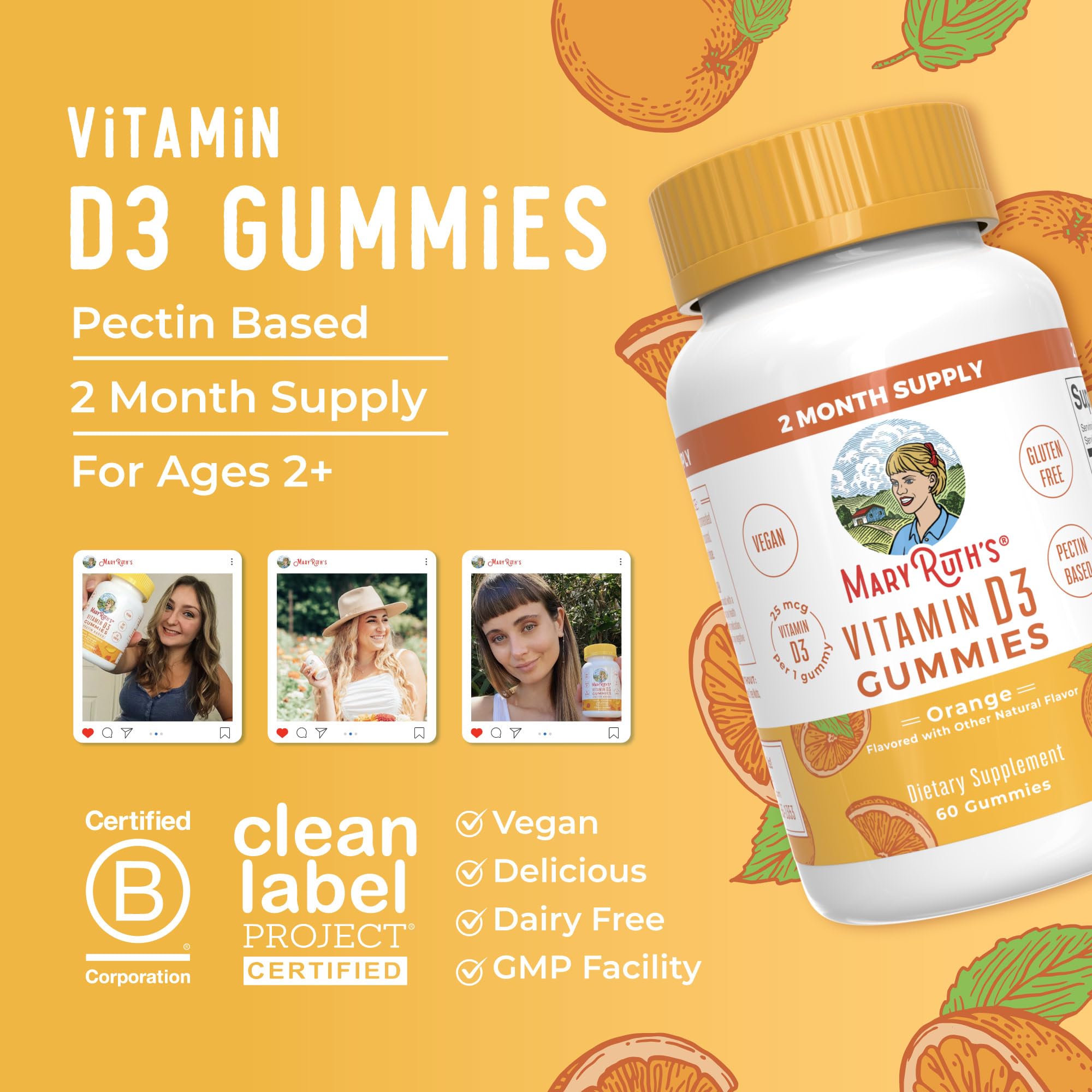 MaryRuth Organics Vitamin D3 Gummies | 2 Month Supply | Adults & Kids Vitamin D Gummy | Immune Support Supplement | VIT D3 1000IU for Bone Health&Muscle Function | Vegan | Non-GMO | Gluten Free | 60 MARYRUTH'SUS supplements