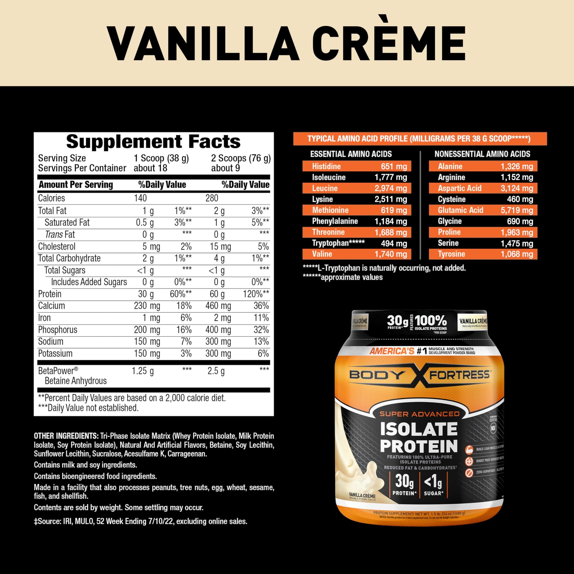 Body Fortress Super Advanced Isolate Protein Powder, Gluten Free, Vanilla Creme Flavored Body FortressUS supplements