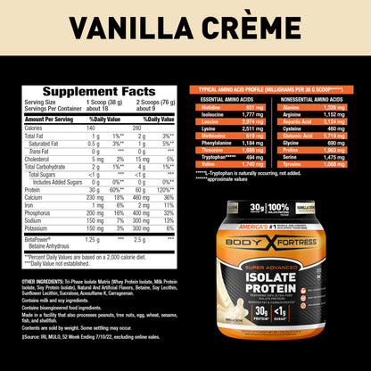 Body Fortress Super Advanced Isolate Protein Powder, Gluten Free, Vanilla Creme Flavored Body FortressUS supplements
